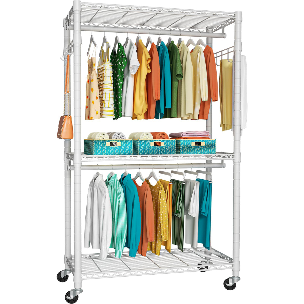 Futassi P1 Heavy Duty Garment Rack, 3 Tiers Adjustable Rolling Metal Closet Organizer With Lockable Wheels, Freestanding Wardrob