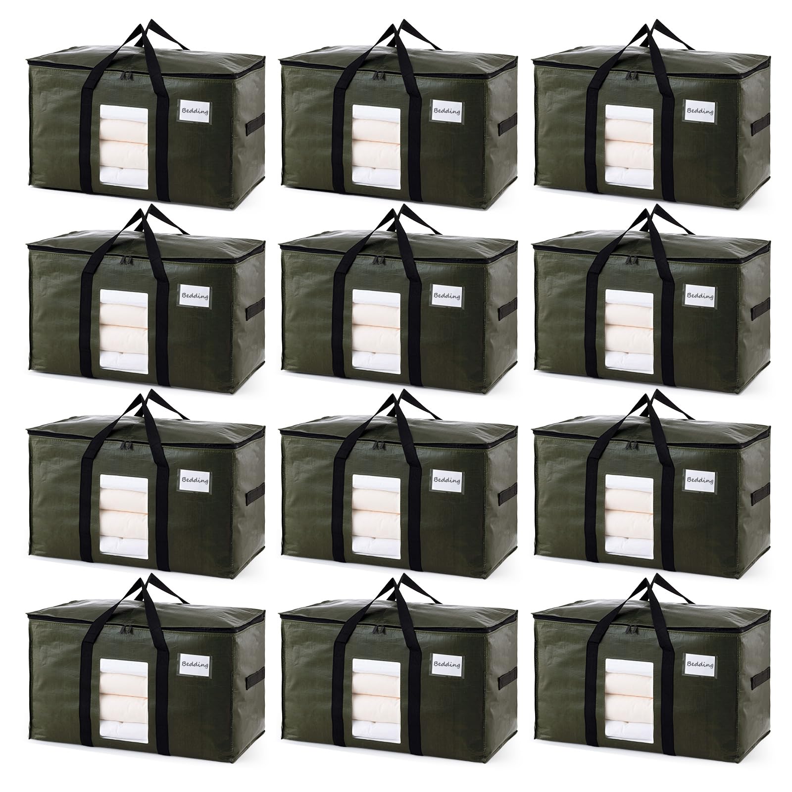 TAILI 12 Pack Green Extra Large Storage Bags, Heavy Duty Totes with Visible Window, Wrap Around Handles, Perfect for Moving and 