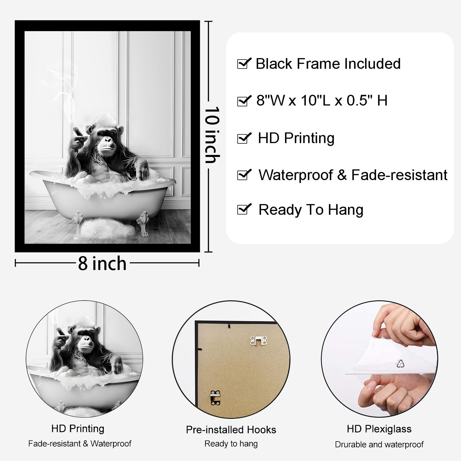 Kbkbart Framed Bathroom Decor Wall Art, Funny Canvas Chimpanzee In Bathtub Bathroom Picture, Black And White Bathroom Wall Art D