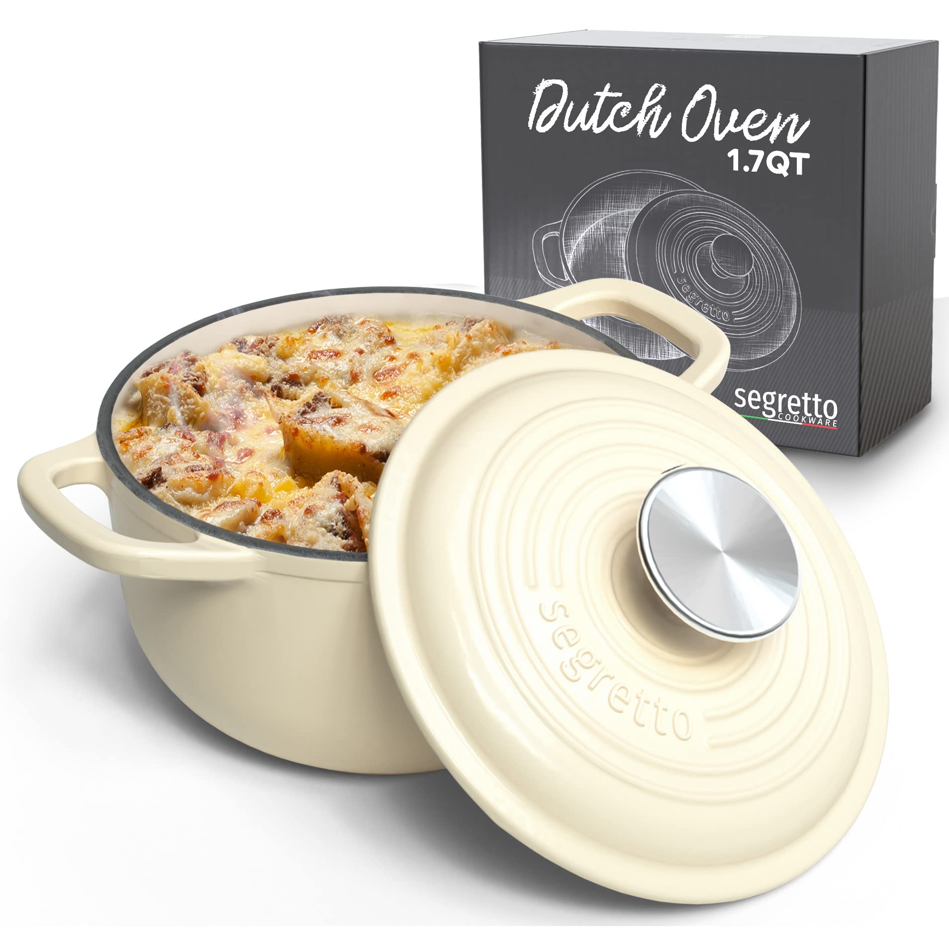 Segretto Cookware Enameled Cast Iron Dutch Oven, 1.7 Quarts, White