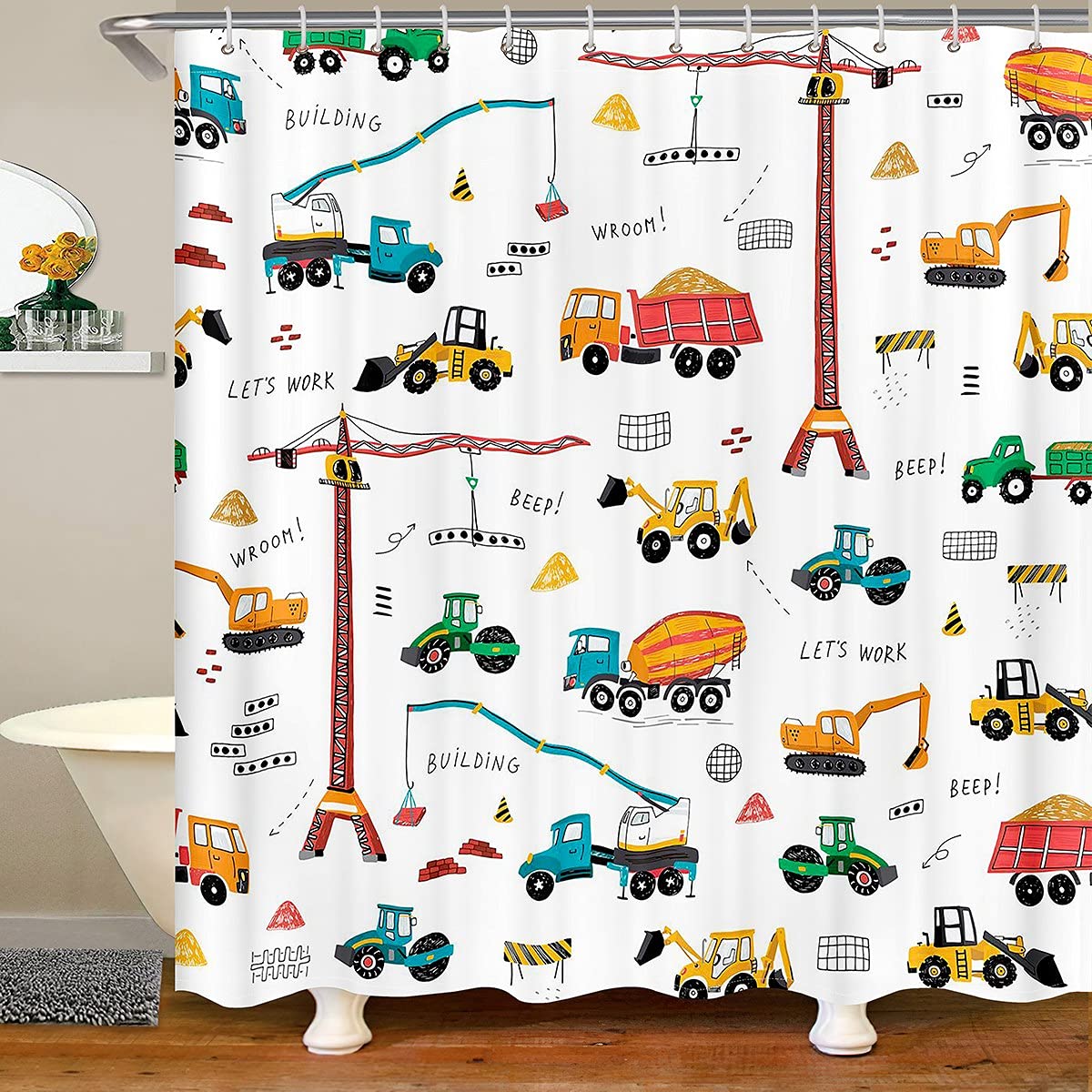 Kid Excavator Shower Curtain, Tractor Machinery Trucks Shower Curtain, Construction Vehicle Shower Curtain For Boys, Bulldozer C