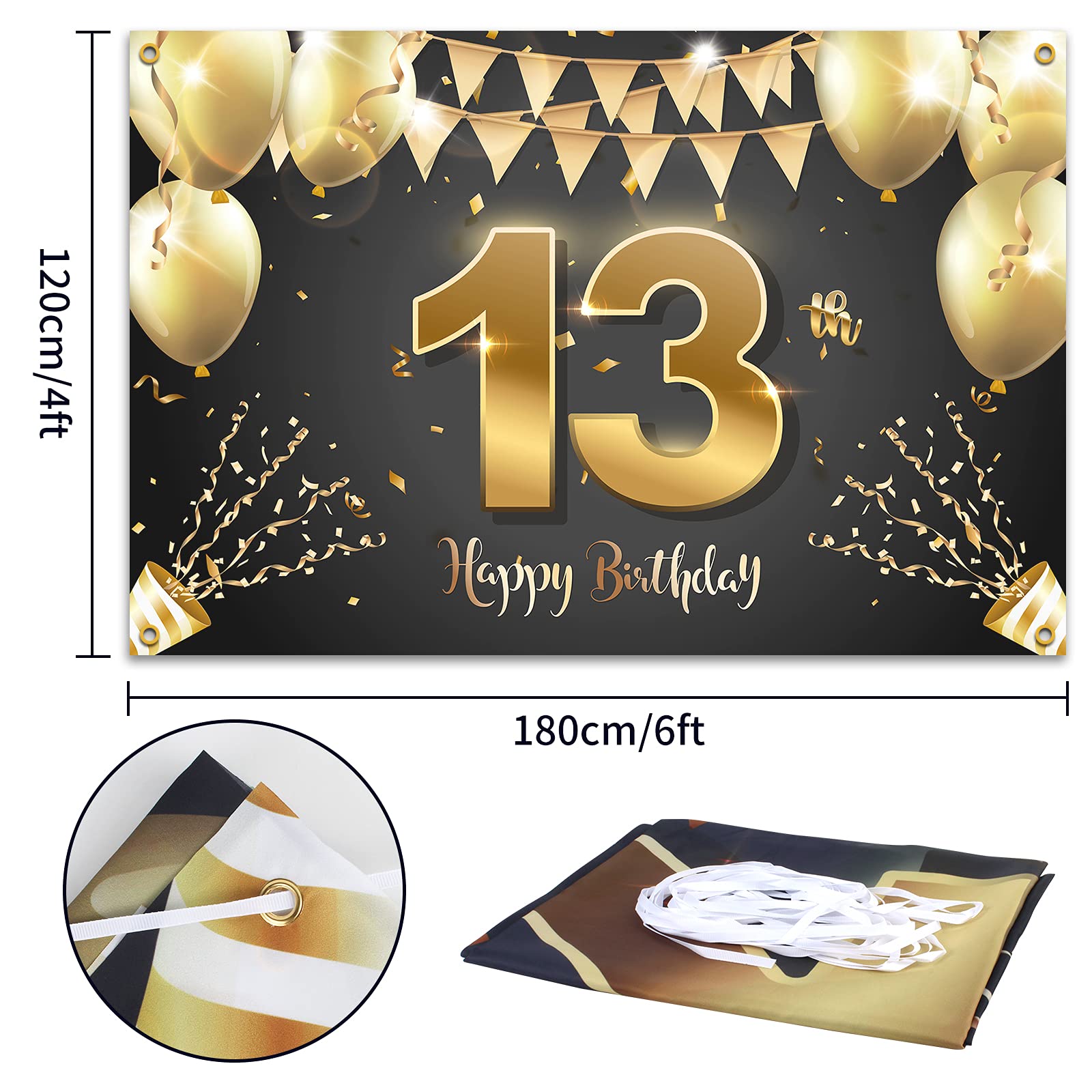 Hamigar 6X4Ft Happy 13Th Birthday Banner Backdrop - 13 Years Old Birthday Decorations Party Supplies For Girls Boys - Black Gold