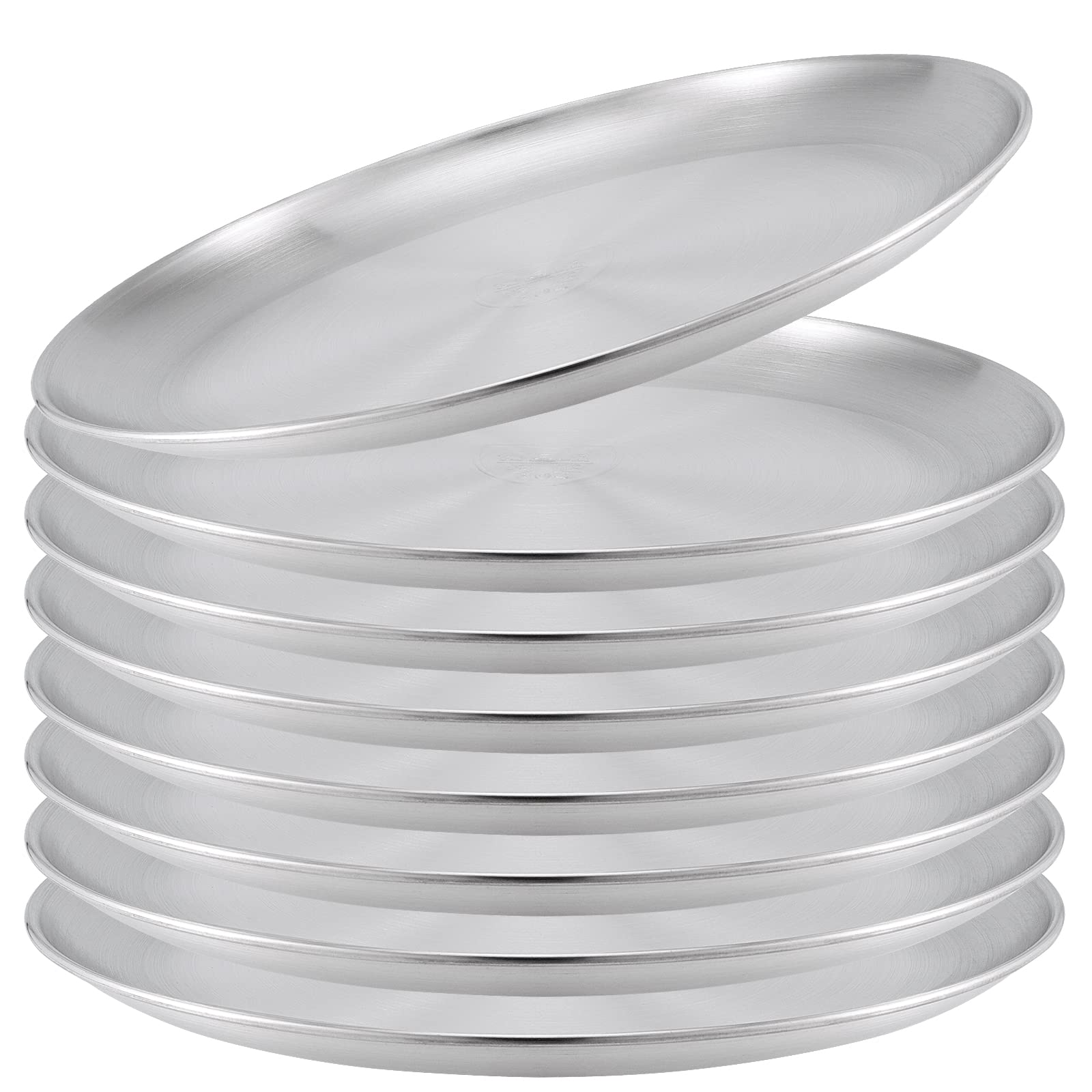 Sinjeun 8 Piece 304 Stainless Steel Dinner Plates, 10 Inch Double Layer Round Serving Plates, Silver Brushed Metal Dishes For Ca