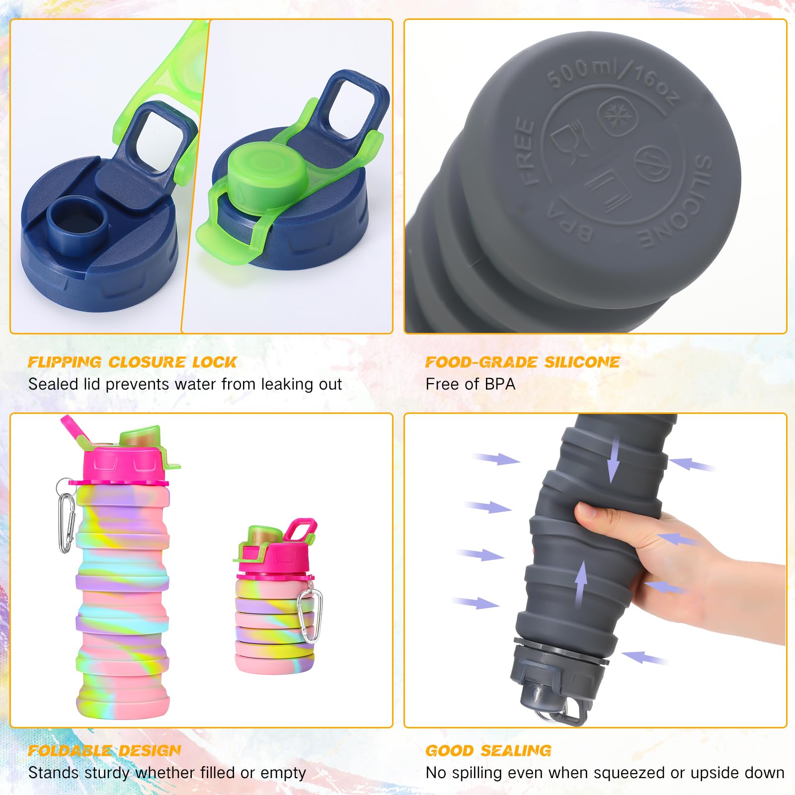 Sunnyray 20 Pack Collapsible Water Bottles 17Oz Silicone Portable Water Bottle Bulk Foldable Leak Proof Water Bottle Reusable Ca