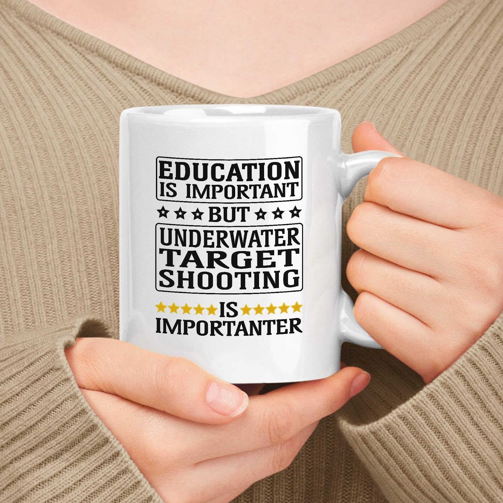 muggable Funny Gift For Underwater Target Shooting Lovers, White 11oz Ceramic Mug - Education Is Important But Underwater Target