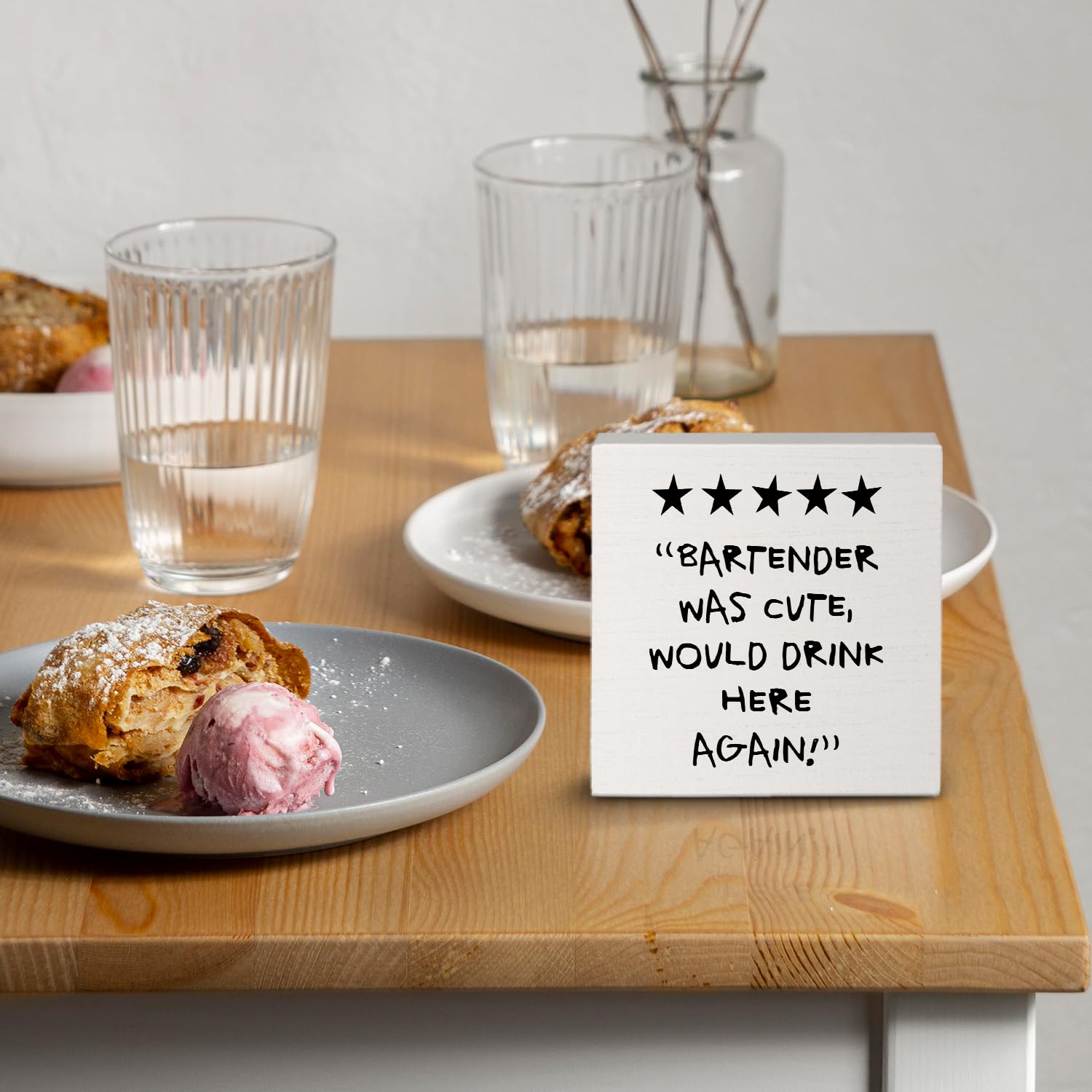 Nvotell Bar Signs, Bartender Was Cute Would Drink Here Again Wooden Box Sign, Funny Wood Block Plaque for Home Bar Cart Desk She