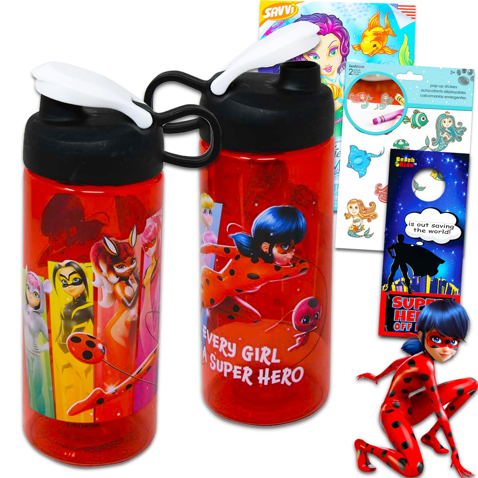 Miraculous Ladybug Water Bottle Set  Miraculous Ladybug School Supplies Bundle with 2 Water Bottles, Stickers, More for Girls, 