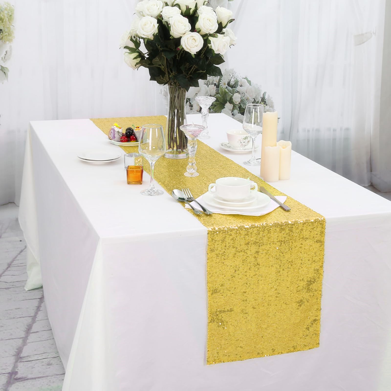 Partydelight 12 Pack 12'' X 60'' Gold Sequin Table Runner For Wedding, Party, Bridal Baby Shower, Christmas.
