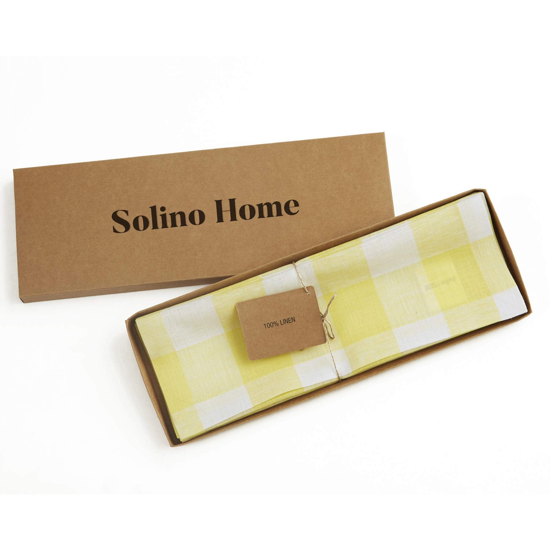Solino Home Buffalo Check Linen Placemats 19'' L X 14'' W Inch - 100% Pure Linen Yellow And White Plaid Cloth Placemats Set Of 4
