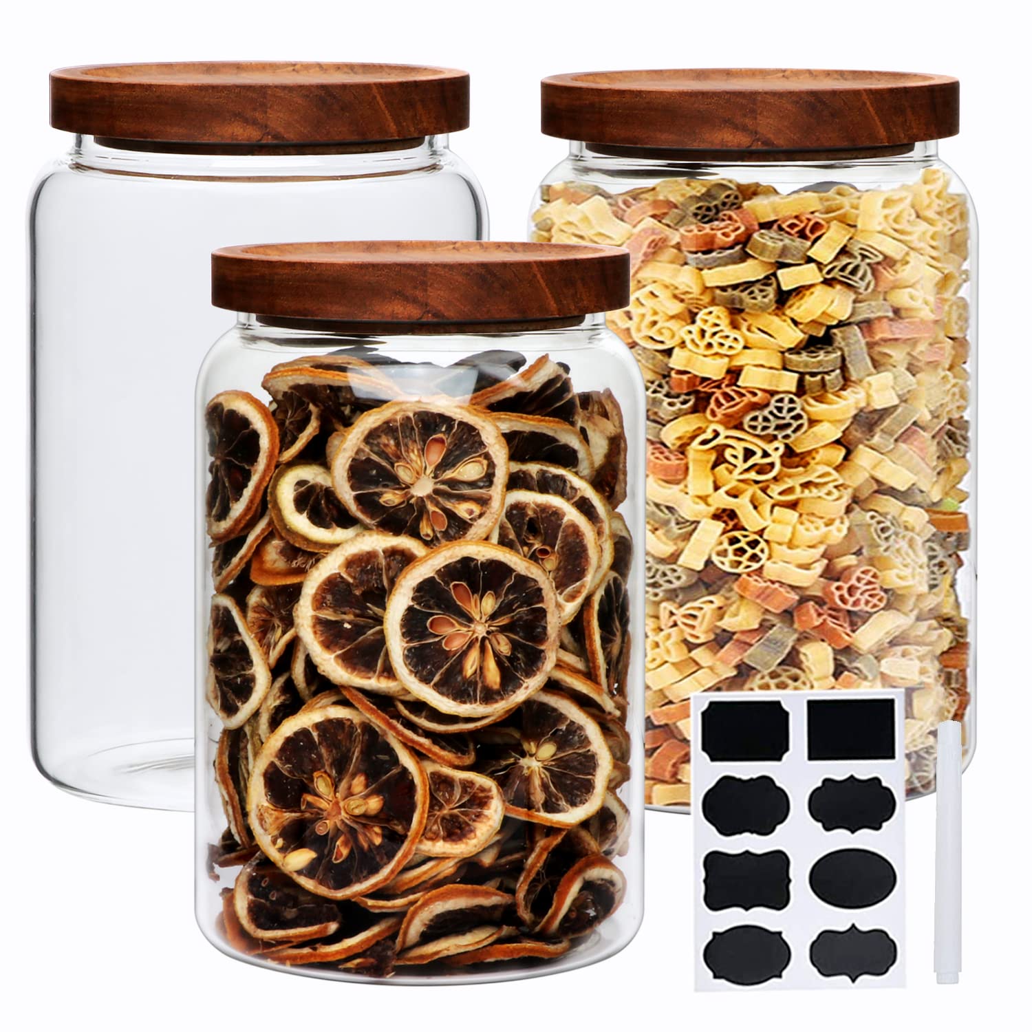 Datttcc Large Glass Jars,Set of 3 Glass Jars with Wooden Airtight Lids,Food Storage Container for Tea,Spice,Cereal, Egg,Flour,Co