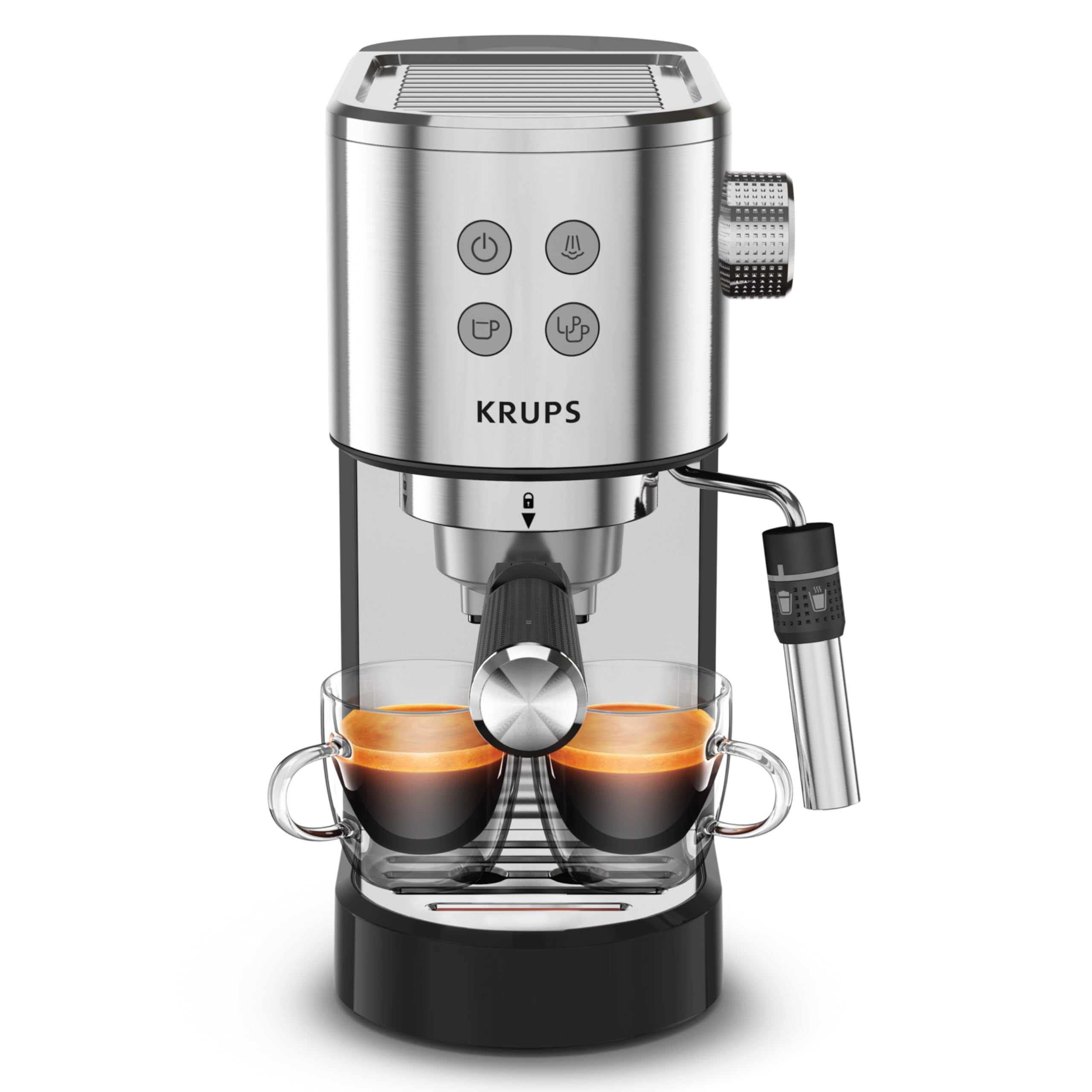 KRUPS Stainless Steel Espresso Machine: 15-Bar Pump Pressure, Milk Frother for Cappuccino and Latte, Fast Pre-Heat, 2-Cup Capaci