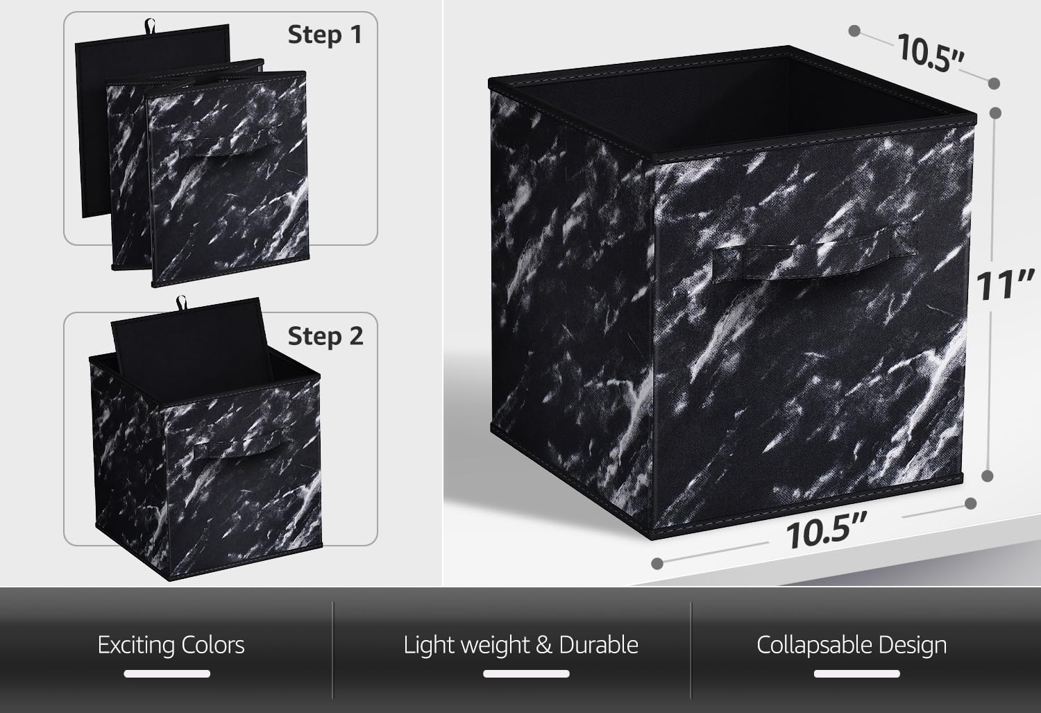 Sorbus Collapsible Storage Bins - 11'' Sturdy Foldable Fabric Storage Cubes With Handle - 4 Black Marble Organization And Storag