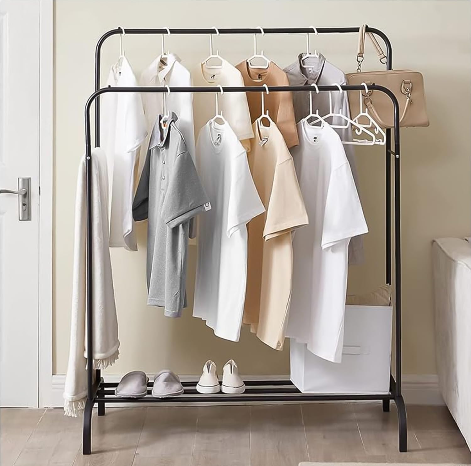 Lukzer Multi-Functional Cloth Stand With Wheels & Bottom Shelves  Metal Rack For Hanging Clothes, Coats, And Hats  Diy Storage S