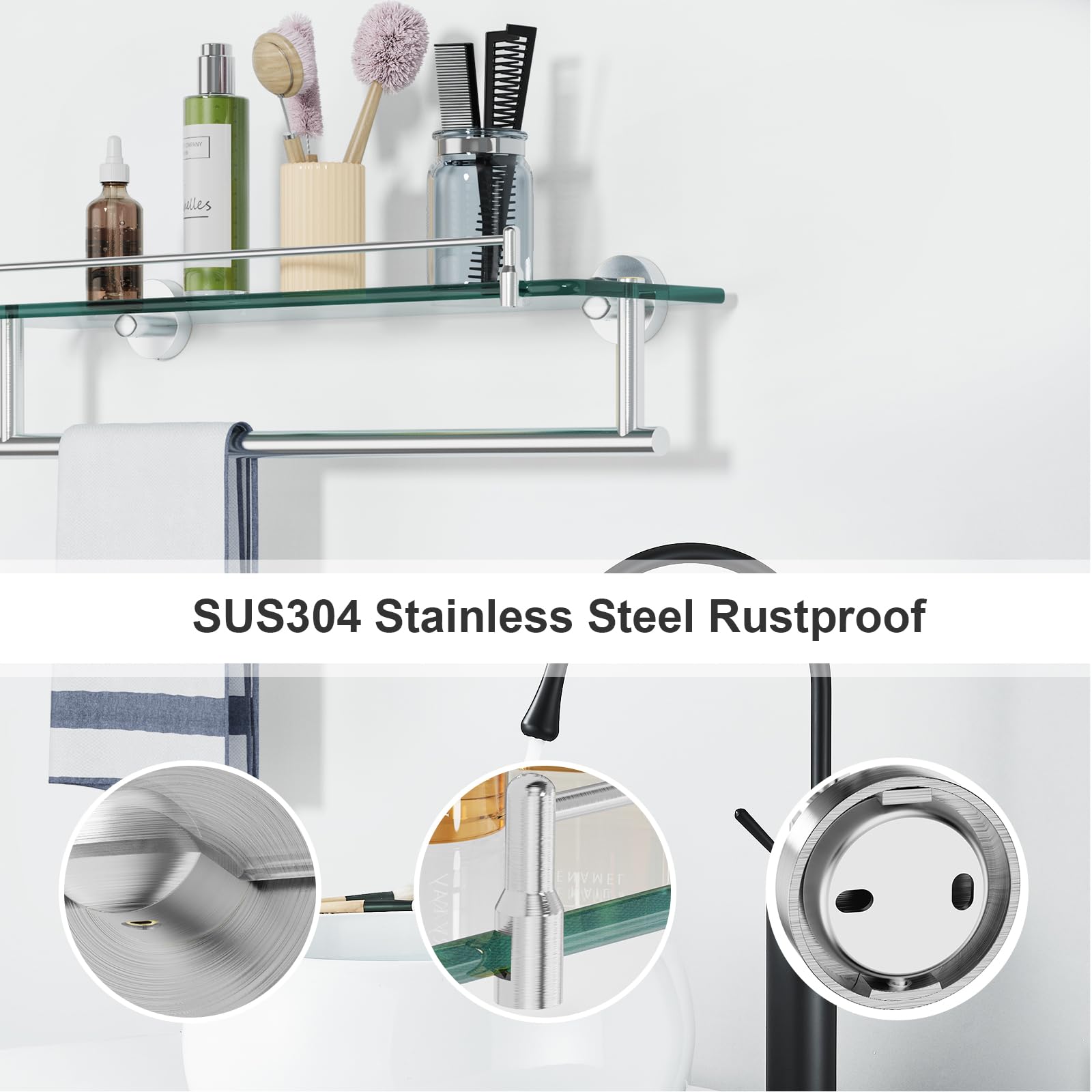 KOCOK 20 Inch Glass Bathroom Shelf with Towel Bar, Brushed Nickel Stainless Steel Wall Mount, Model ML162024