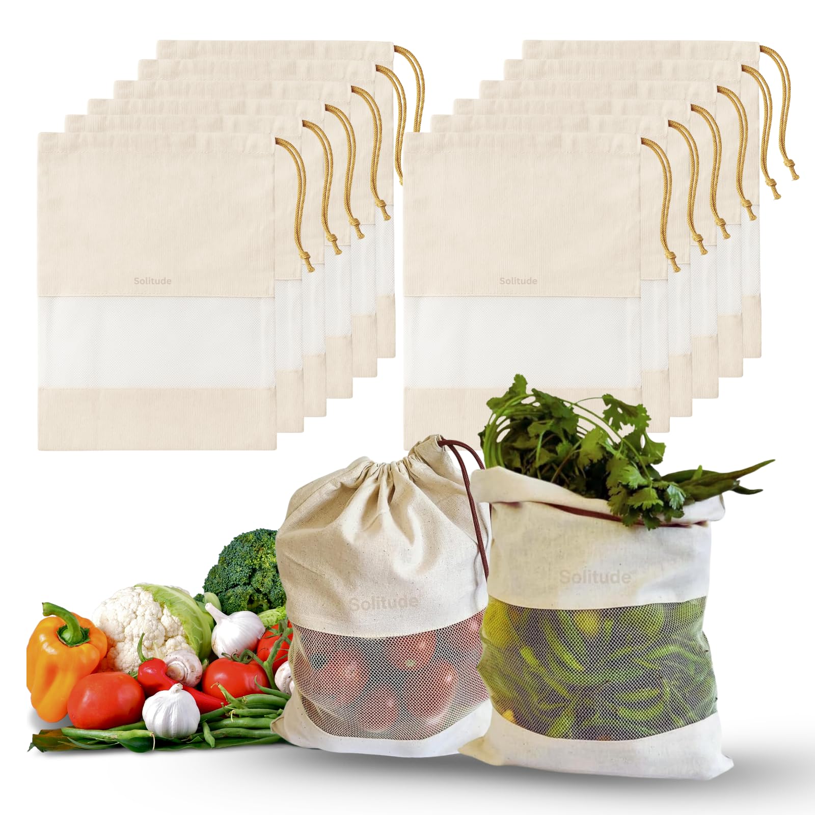 Solitude Set Of 12 Cotton Vegetable Bags For Fridge Storage, Reusable Washable Muslin Cloth Produce Bags With Drawstring, Eco Fr