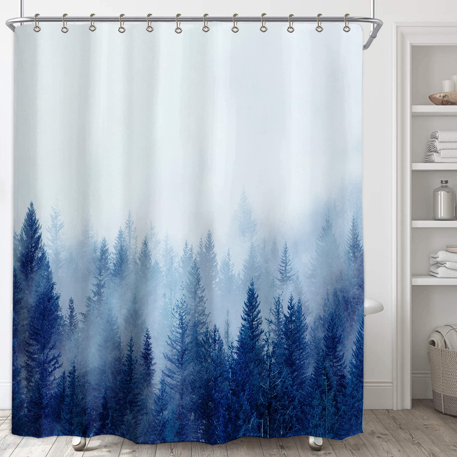 Ortigia Blue Misty Forest Shower Curtains,Nature Mountain Shower Curtain,Woodland Shower Curtain,Fall Fantasy Fog Magic Tree Bat