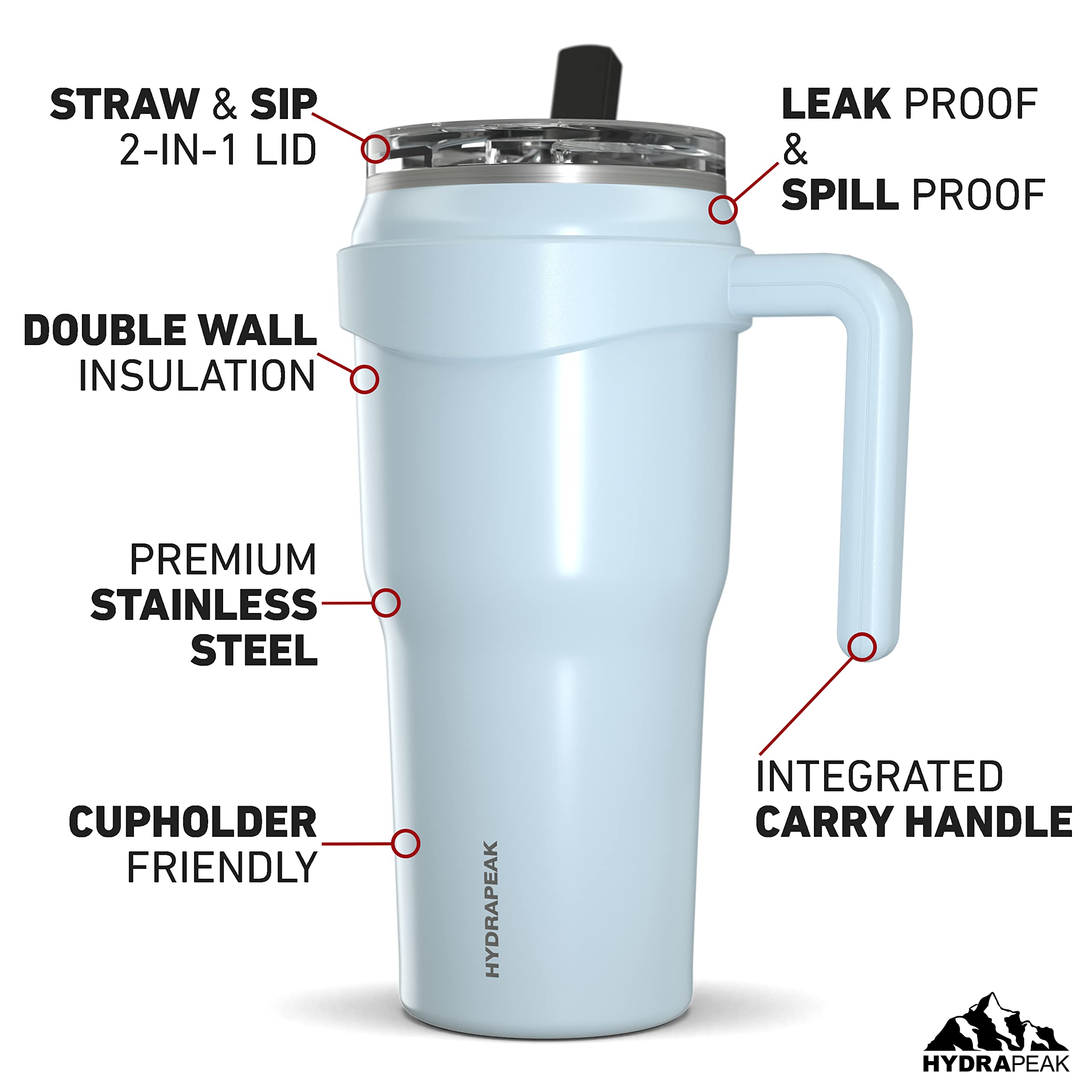 Hydrapeak Roadster 40Oz Stainless Steel Tumbler Double Wall Vacuum Insulated Water Bottle With Handle And 2 In 1 Straw Lid (Powd