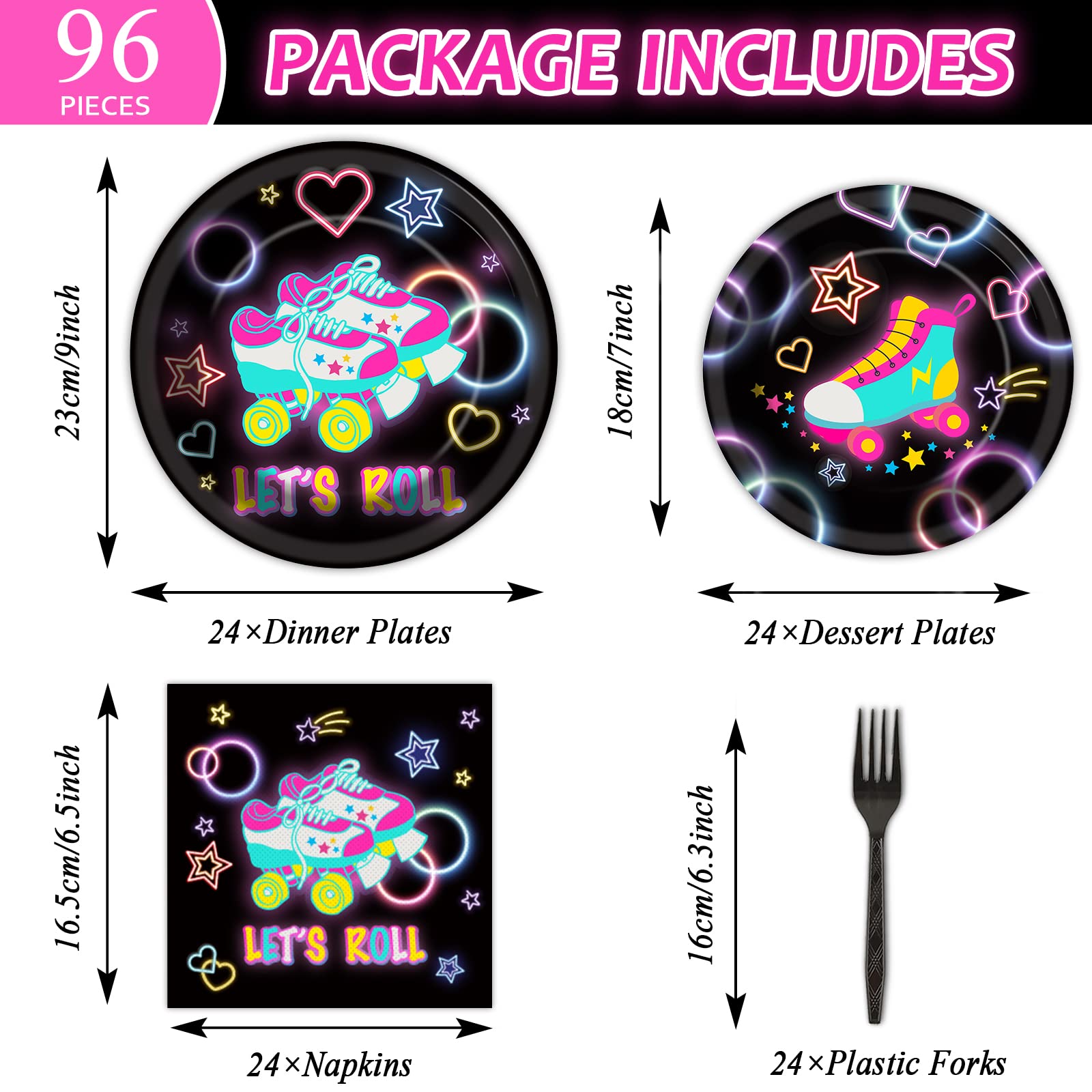 96Pcs Roller Skating Party Supplies Tableware Set Retro Roller Skate Party Paper Plates Napkins Set Favors For Boys Girls Teens