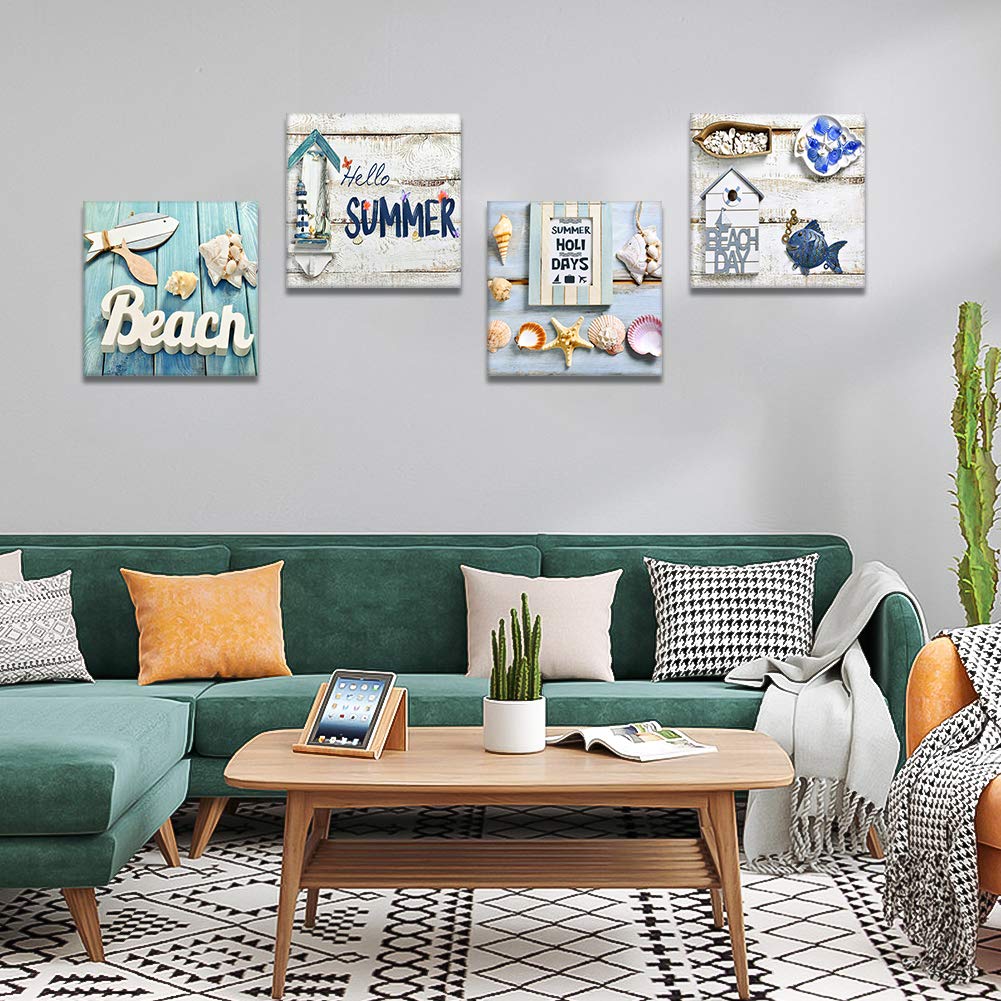 Artscope 4 Pieces Canvas Prints Wall Art - Beach Holiday Picture Painting- Modern Wall Artwork Framed For Bathroom Home Office D