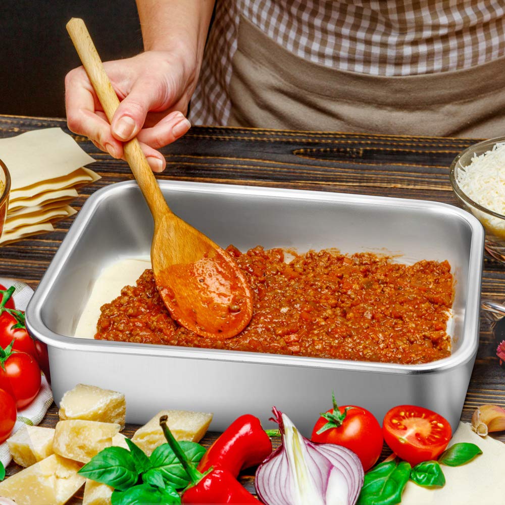 P&P CHEF Stainless Steel Lasagna Pan Set, 10.7" Deep Dish, 2-Pcs, Silver, Non-toxic Bakeware for Roasting & Baking
