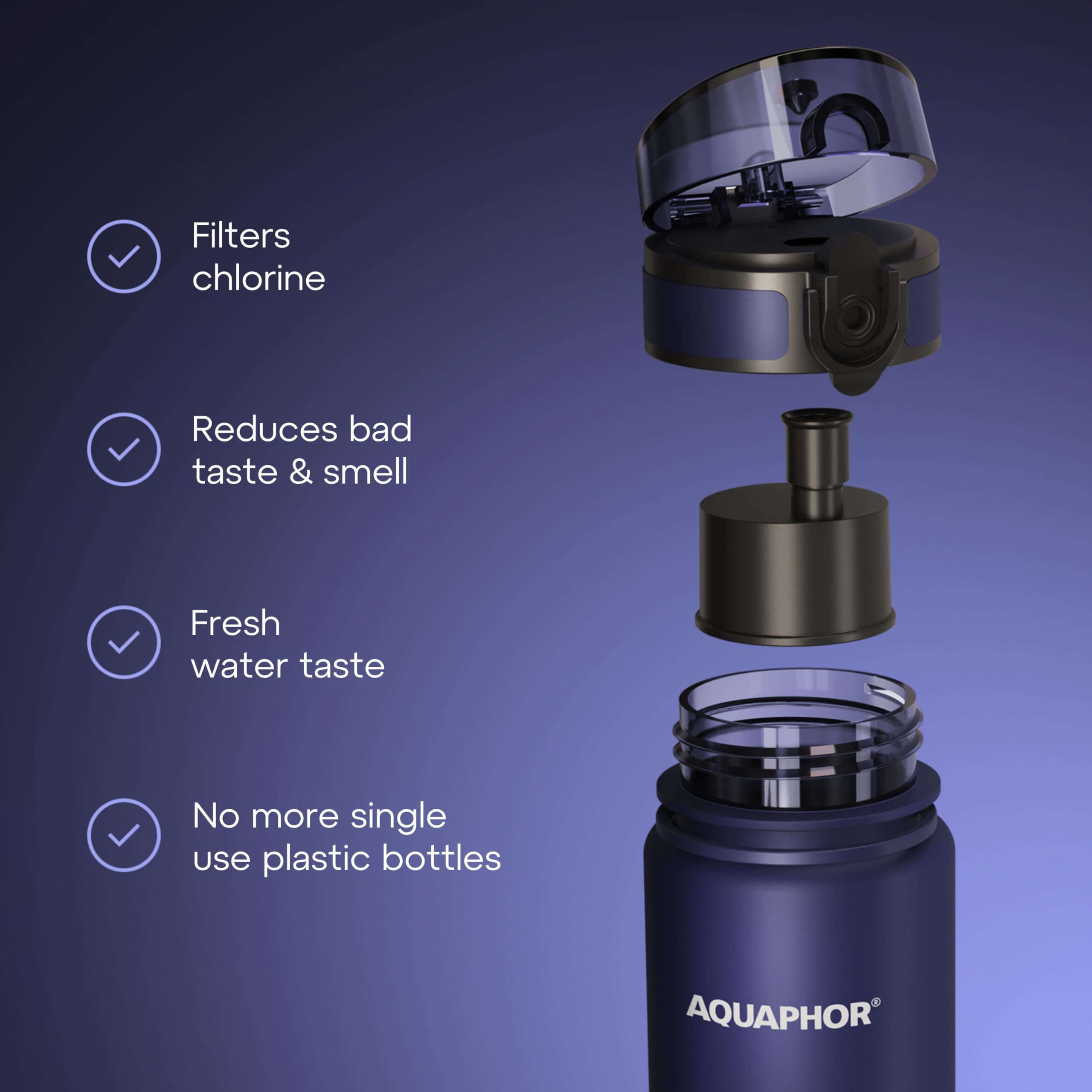 AQUAPHOR City Bottle 500ml Navy  Travel Water Bottle with Activated Carbon Filter  Filters Chlorine & Impurities  Made of Tritan & BPA-Free  Stay Hydrated On The Go!