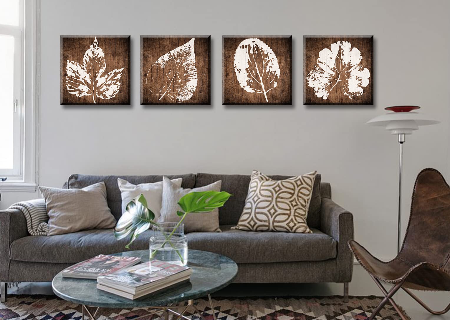 Botanical Plant Wall Decor for Bedroom - Minimalist Leaves Wall Art Decor Brown Background White Leaf Pictures Canvas Print Home Bathroom Living Room Rustic Wall Decorations Framed 12'' W x12 H x4