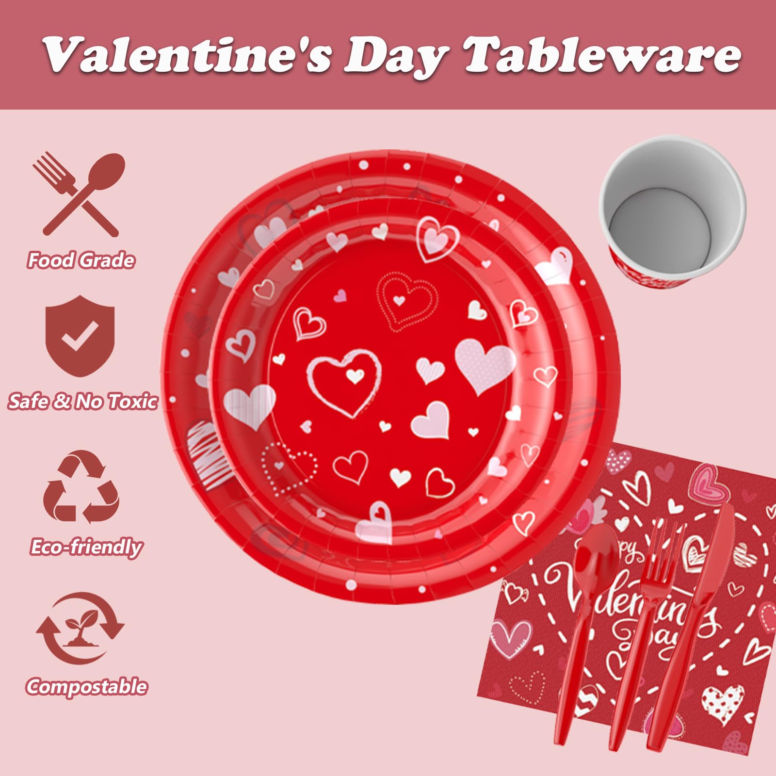 Jiefull 168 Pcs Valentine'S Day Party Tableware, Hot Heart Love Disposable Paper Party Plates And Cups And Napkins Sets Serves 2