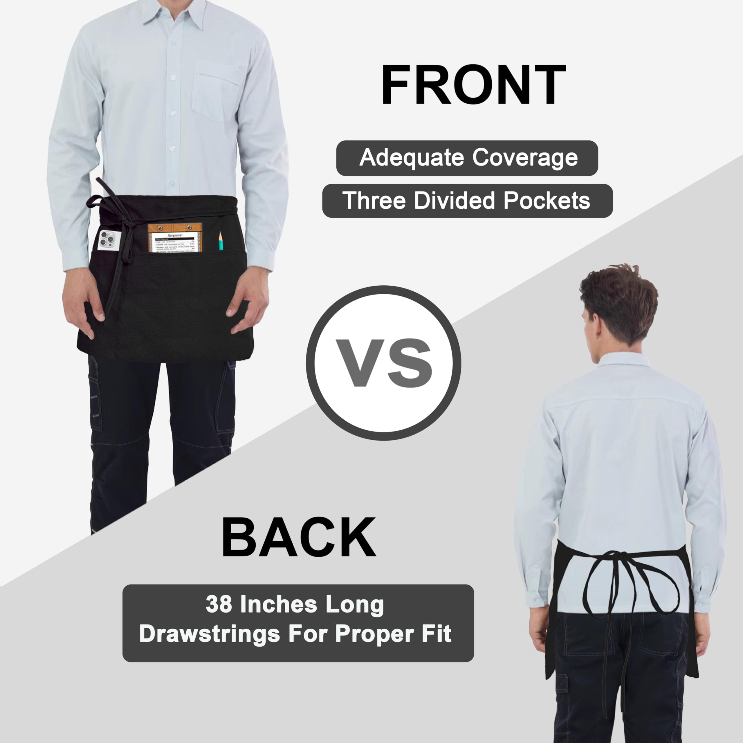 Ploymono Waist Apron With 3 Pockets, 1 Pack Spun Polyester Half Server Apron For Women&Men, Half-Length Short Apron Long Waist S