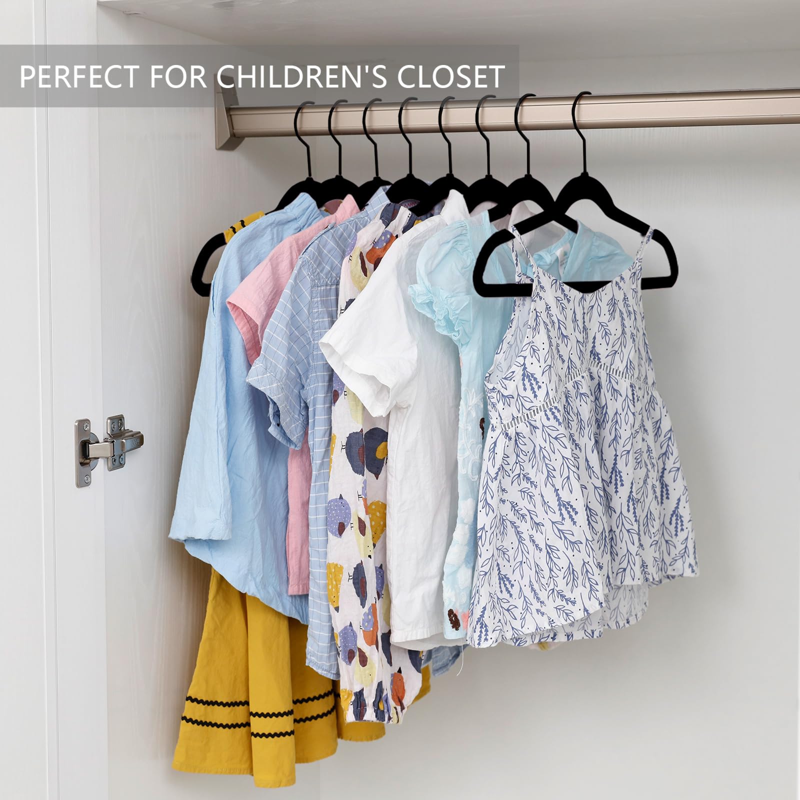 Mizgi Premium All Black Kids Velvet Hangers With Black Hooks 50 Pack 14'' Inch Black Felt Space Saving Hangers,Nonslip Huggable