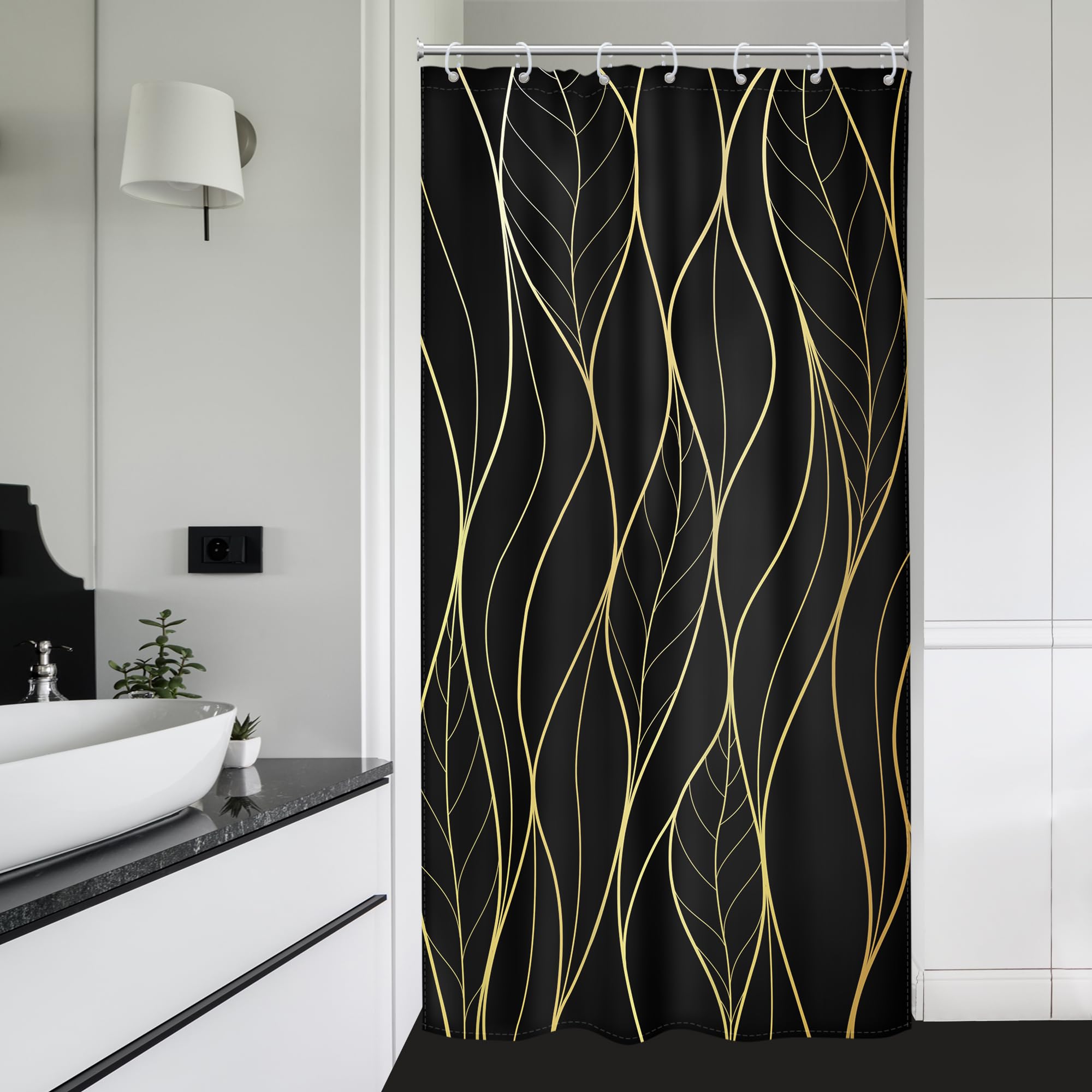 Riyidecor Small Stall Rv Black Gold Leaves Shower Curtain Half Single Boho Abstract Striped Leaf Geometric Modern Simple Cool 36