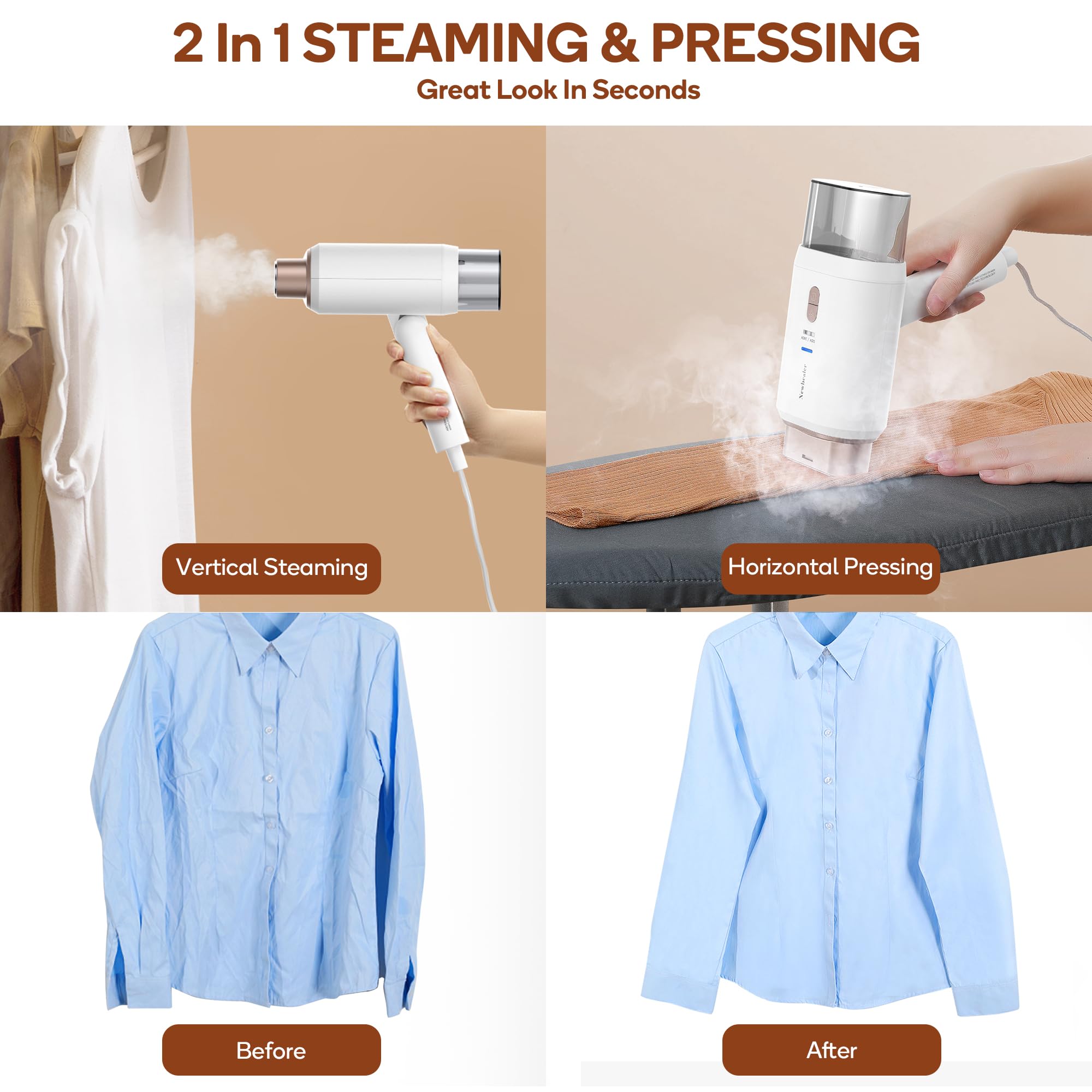 Newbealer Dual Voltage Travel Steamer - 120V/220V Handheld Steamer For Clothes, 1200W Horizontal & Vertical Steaming, 20S Heat-U