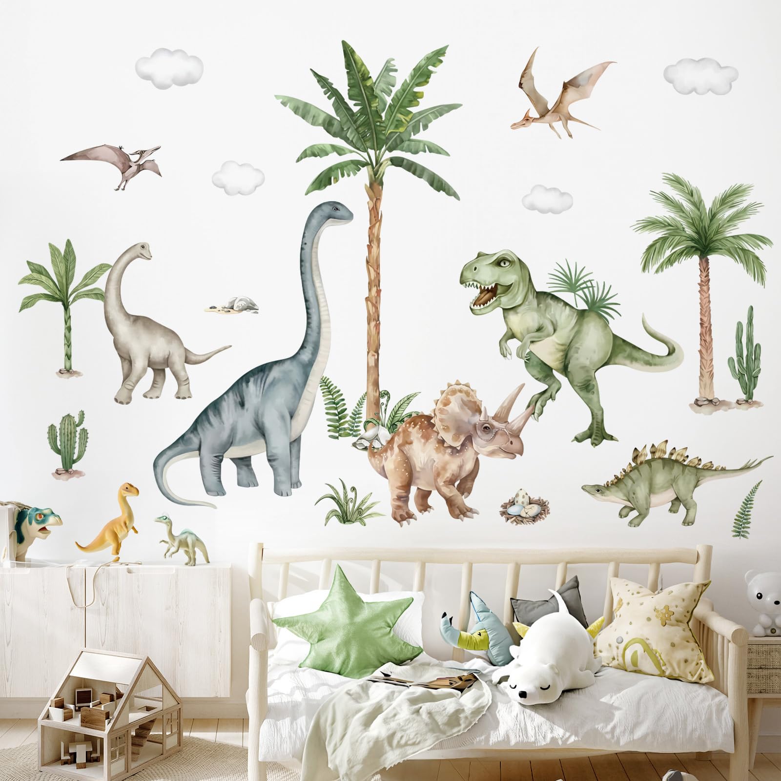 Wondever Large Dinosaur Wall Stickers Tropical Animal Dino Palm Tree Plants Wall Art Decals For Boys Room Baby Nursery Kids Bedr