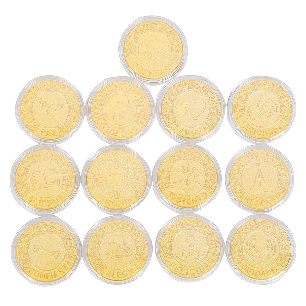 TINGKU Spanish Gold Wedding Unity Coins Set (13 Pcs), Storage Box with Book Collection Design for Wedding Ceremony, Bride Gift