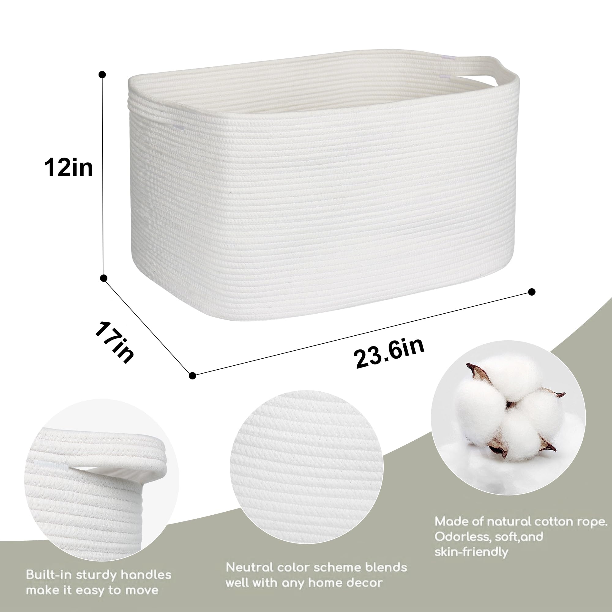 Megasket Extra Large White Storage Basket, 23.6'' X 17'' X 12'' Rectangle Blanket Basket Living Room, Woven Cotton Rope Basket,