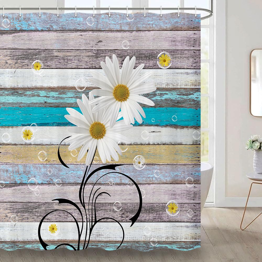 Jawo Daisy Shower Curtain, Rustic Shower Curtain, Daisy Floral On Rustic Wooden Shower Curtain Farmhouse Shower Curtain, Country