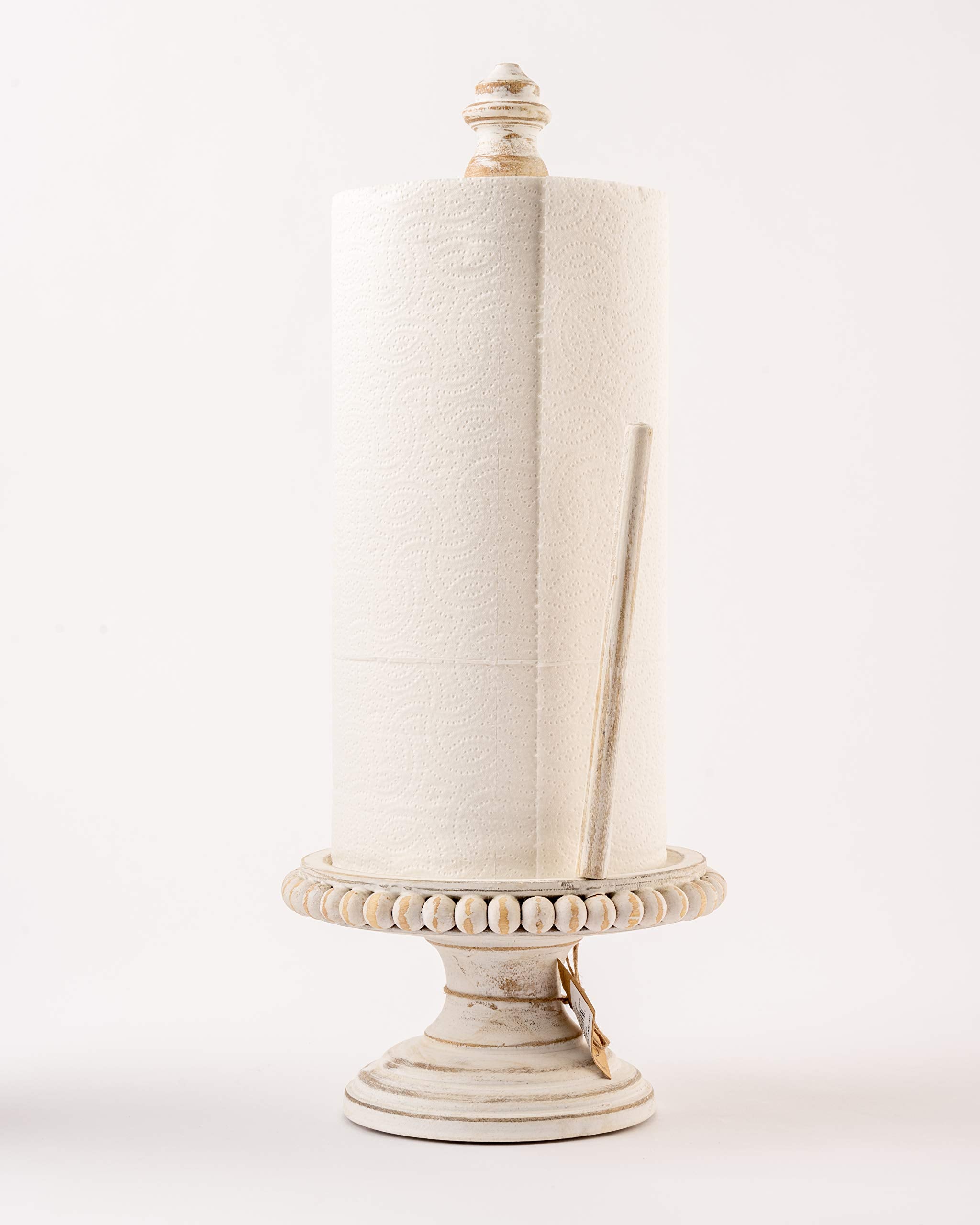 Mud Pie 47100002 Farmhouse Washed Beaded Wood Pedestal Paper Towel Holder, 16'' X 6'' Dia, White, Grey