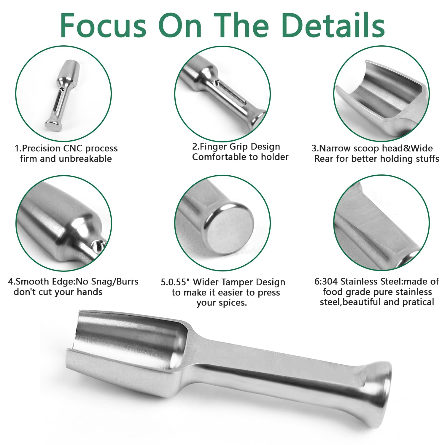 Mini Ss304 Stainless Steel Scoop With Tamp Tool,0.25 Gram 2.56 Inch Capacity Spoon For Multi-Purpose Use Sugar Salt Powder Spice