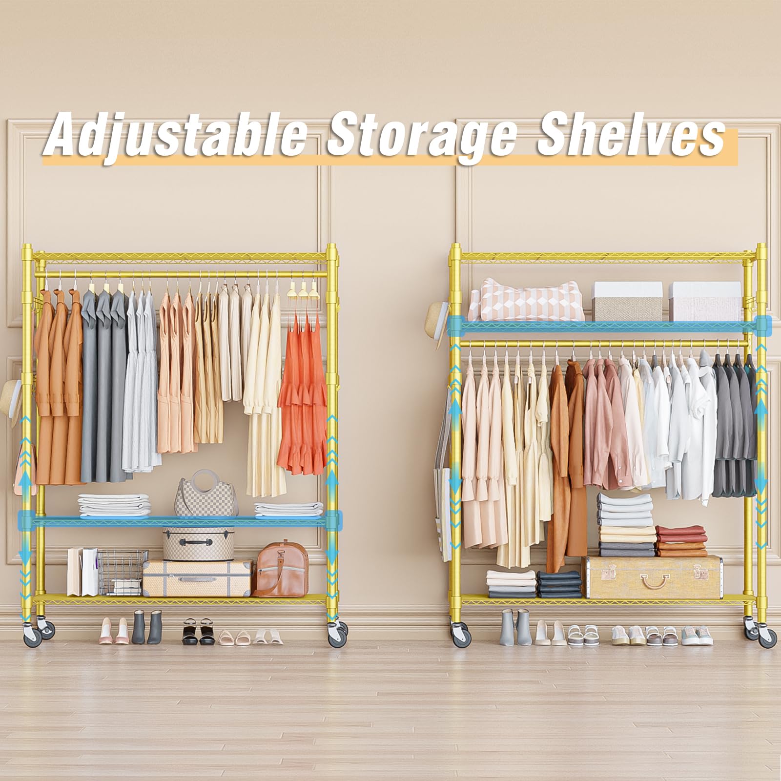 Homdox Rolling Garment Rack With Adjustable Wire Storage Racks, Heavy Duty Portable Closet For Hanging Clothes, Freestanding Clo