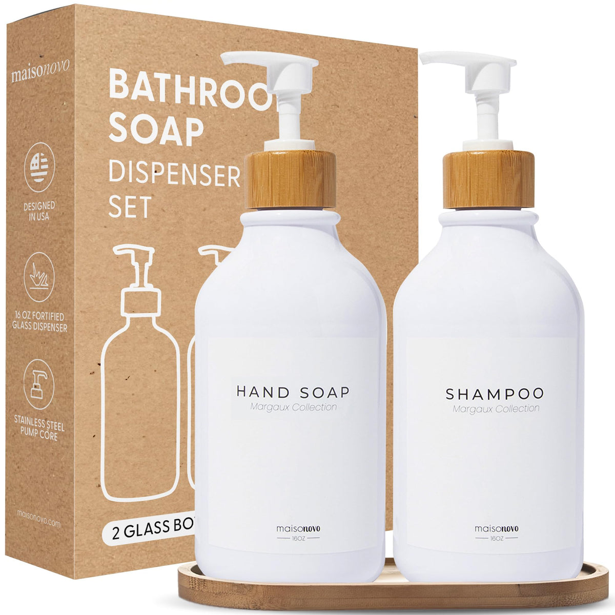 Maisonovo Kitchen Soap Dispenser Set - Plastic Soap Dispenser With Pump - White Bamboo White Pump 16.9 Fl Oz - Bathroom Soap Dis