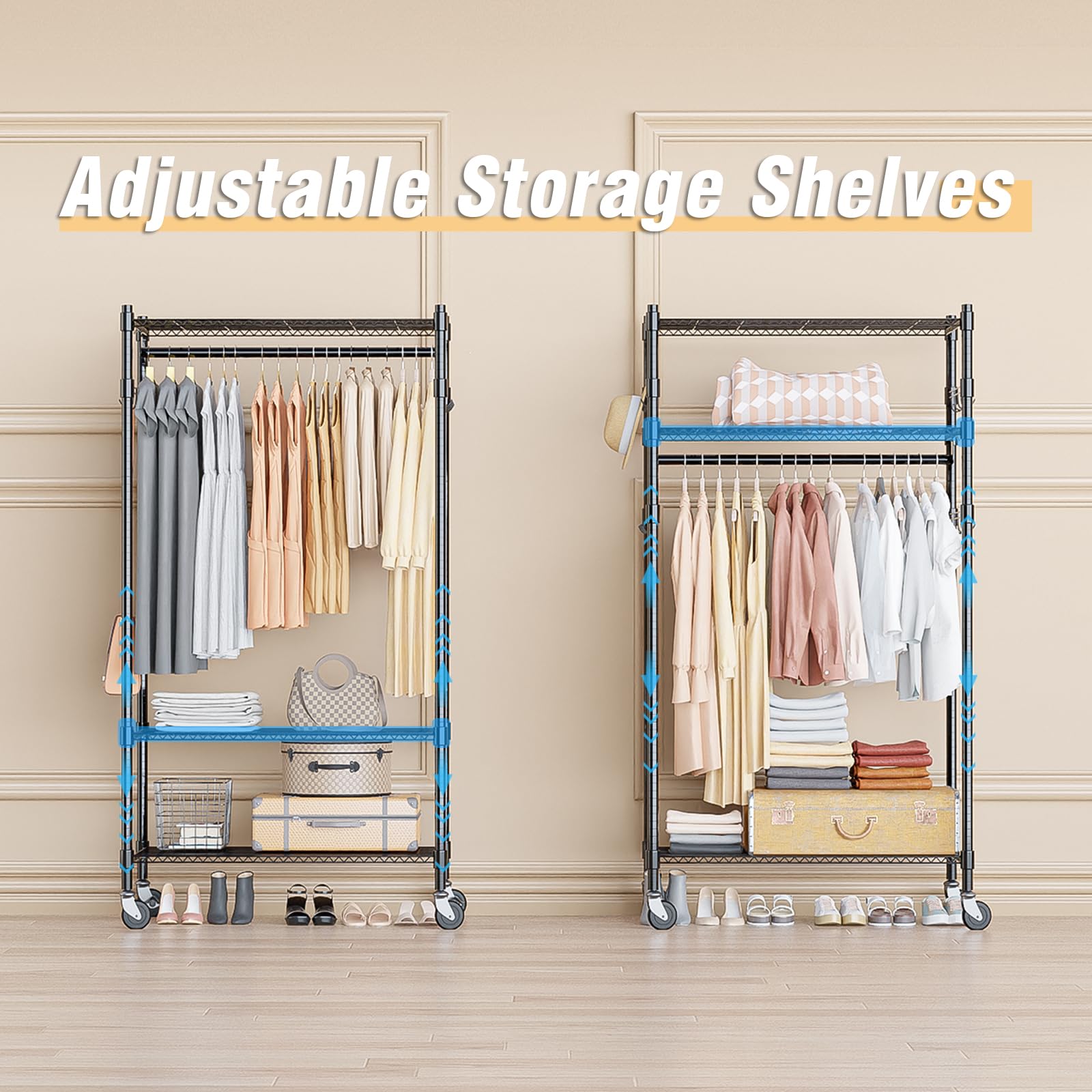 Homdox Heavy Duty Clothing Rack With 3 Tier Adjustable Wire Shelves, Garment Racks For Hanging Clothes, Double Rods Clothing Rac