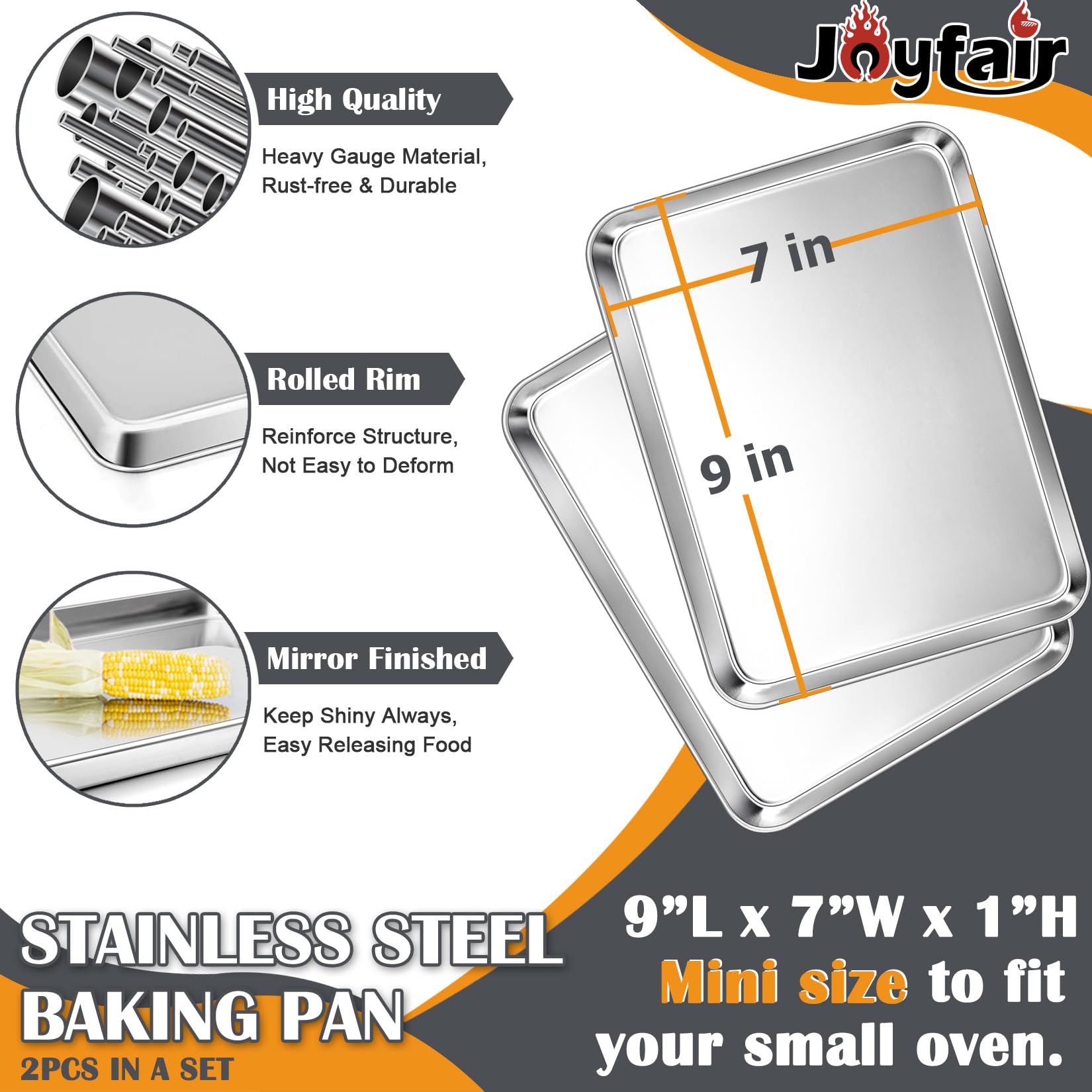 Joyfair 2Pcs Stainless Steel Baking Sheet Pan Set, 9 Inch, Silver, Heavy Gauge, Rust-free, Dishwasher Safe for Baking and Cooking
