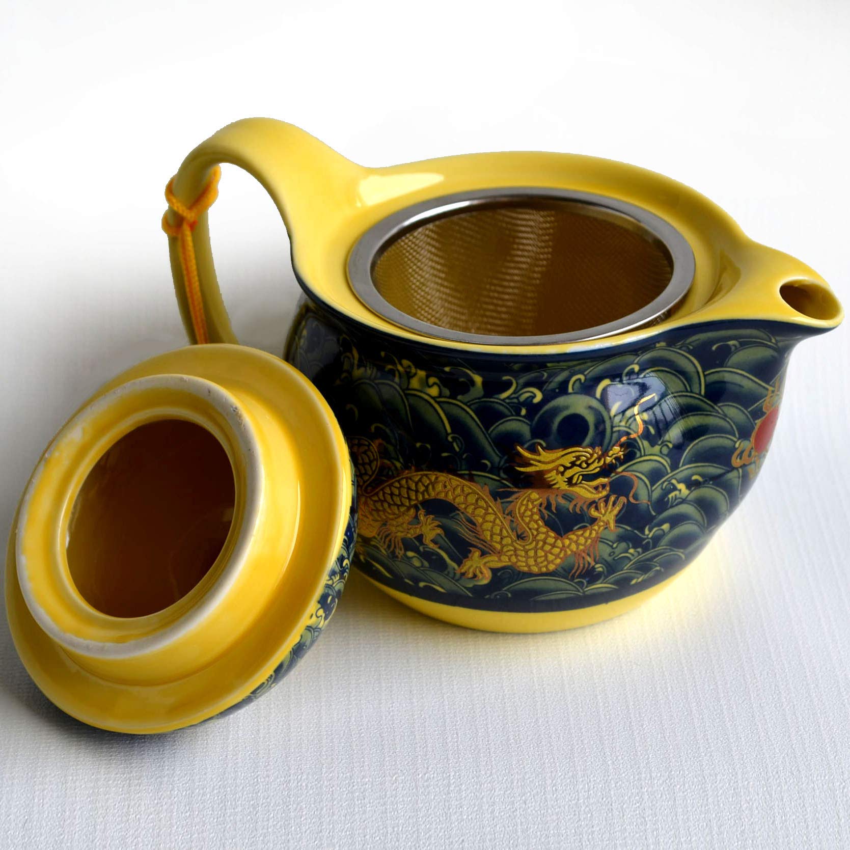 Porcelain Teapot 12Oz Chinese Dargon Waves Pattern Stainless Mash Infuser For Loose Tea (Deep Waves Dargon)