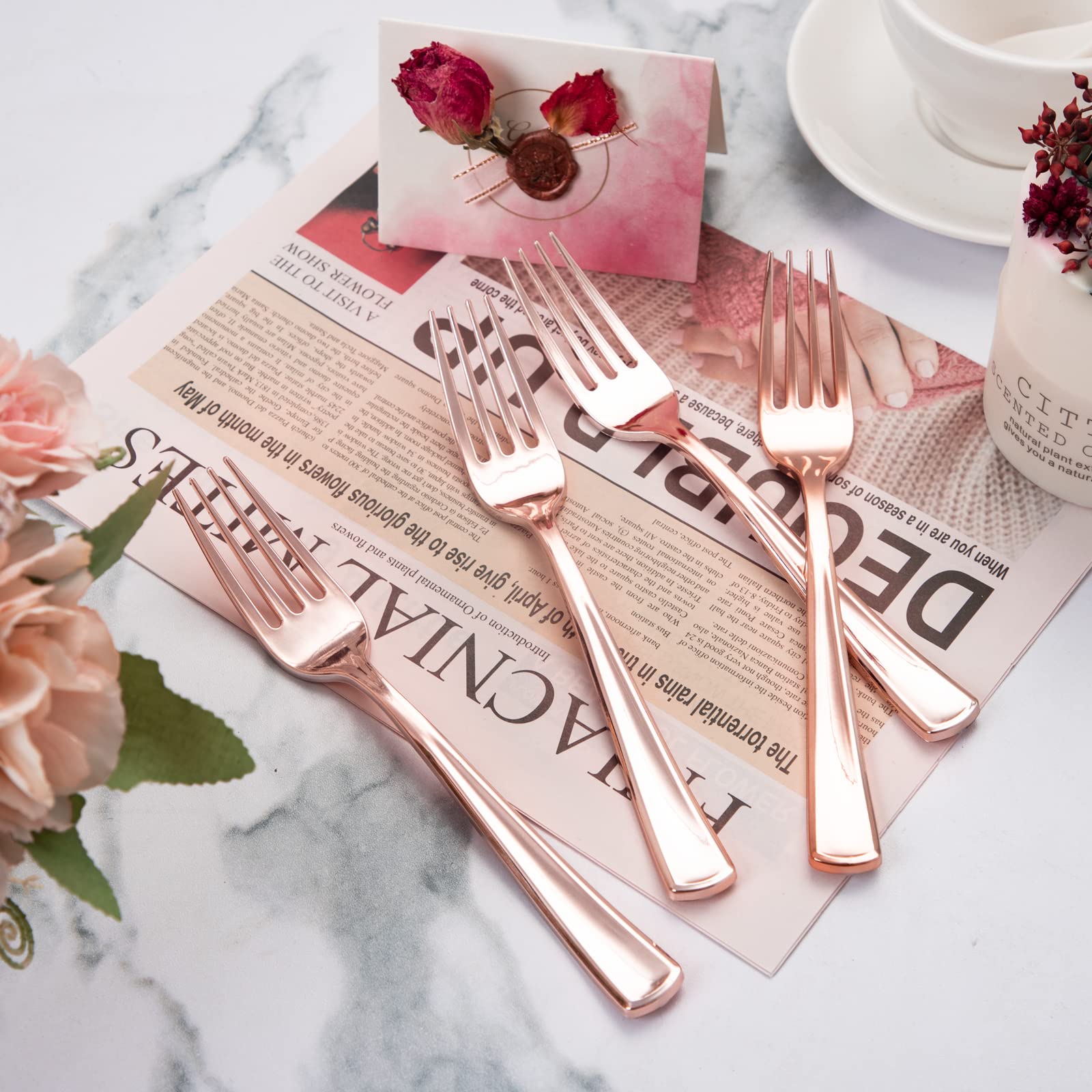 Liacere 200 Pack Rose Gold Forks Disposable - 7.4 Inch Heavy Duty Plastic Forks - Heavyweight Rose Gold Plastic Forks - Rose Gol