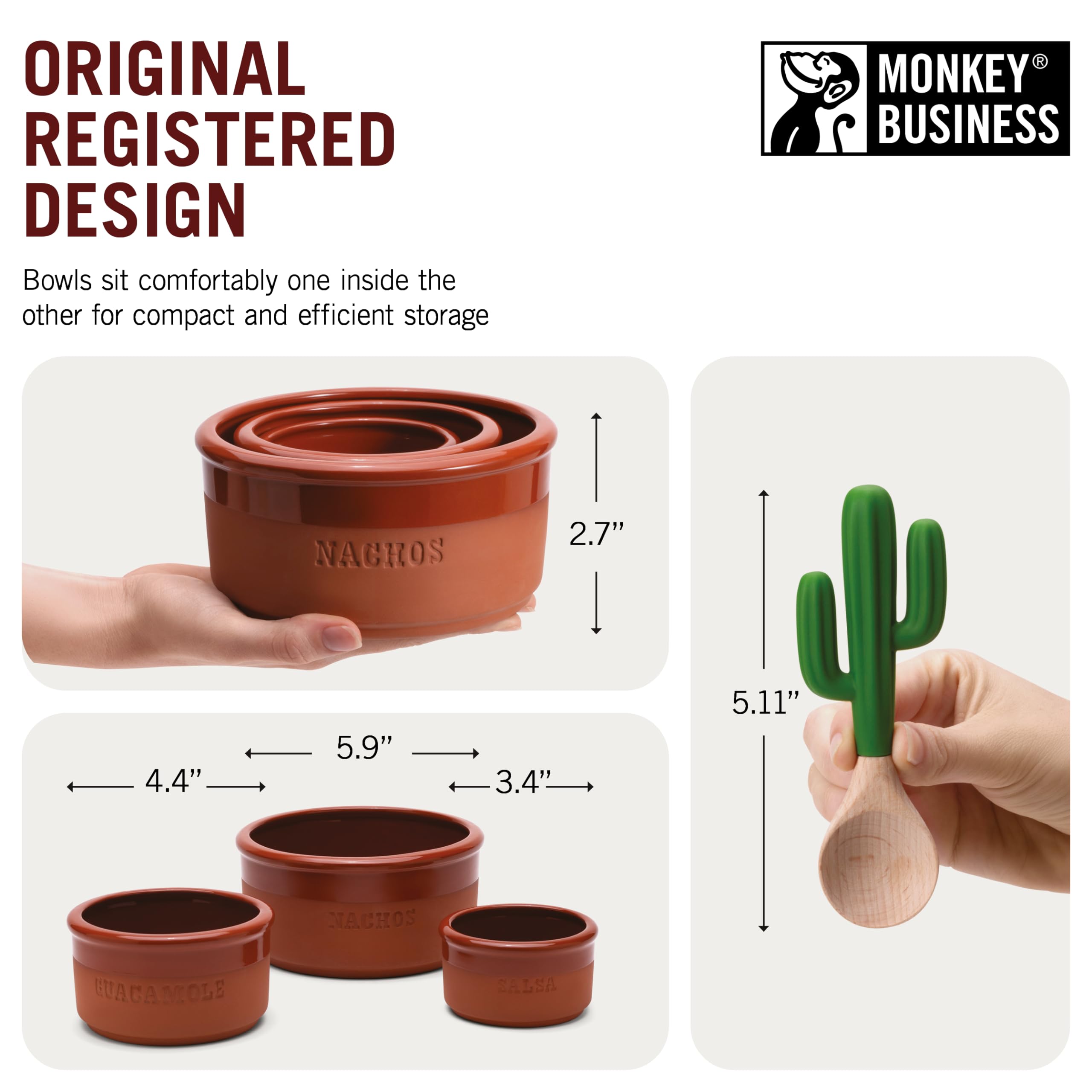 Monkey Business Bowlero Dipping Bowls Set, Terracotta Serving Bowls With 3 Dipping Sauce Bowls And 2 Dip Spoons, Decorative Mexi