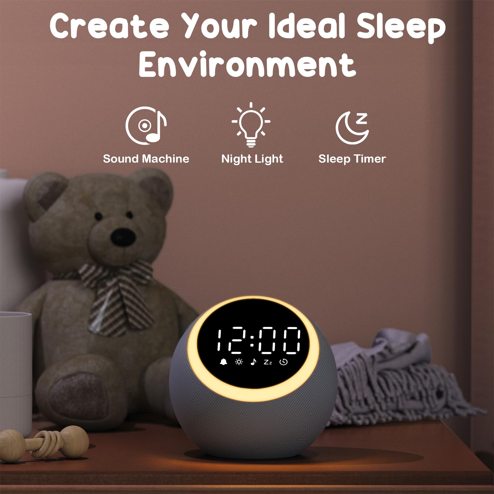 Rohent White Noise Sound Machine - With Nightlight & Alarm Clock - 25 Soothing Sounds, Adjustable Volume, Timer, Sleep Aid For B