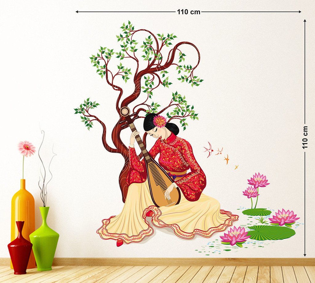 Decals Design 'Chinese Girl Playing Lute Under The Tree' Wall Sticker (Pvc Vinyl, 50 Cm X 70 Cm X 1 Cm), Multicolour