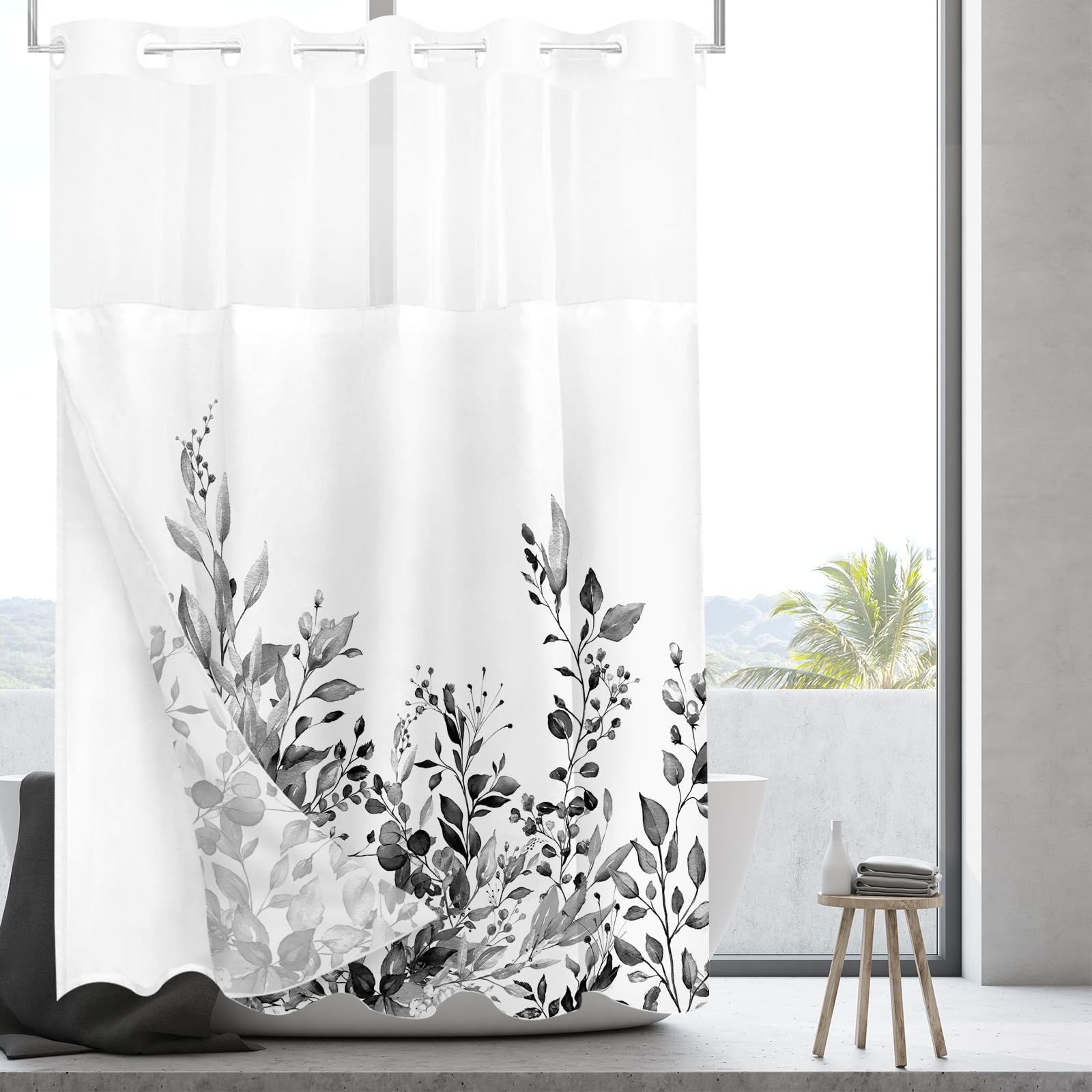 Tititex No Hooks Snap In Liner Black Eucalyptus Leaves Shower Curtain Sets, Hotel Luxury Double Layers Waterproof Fabric & See-T