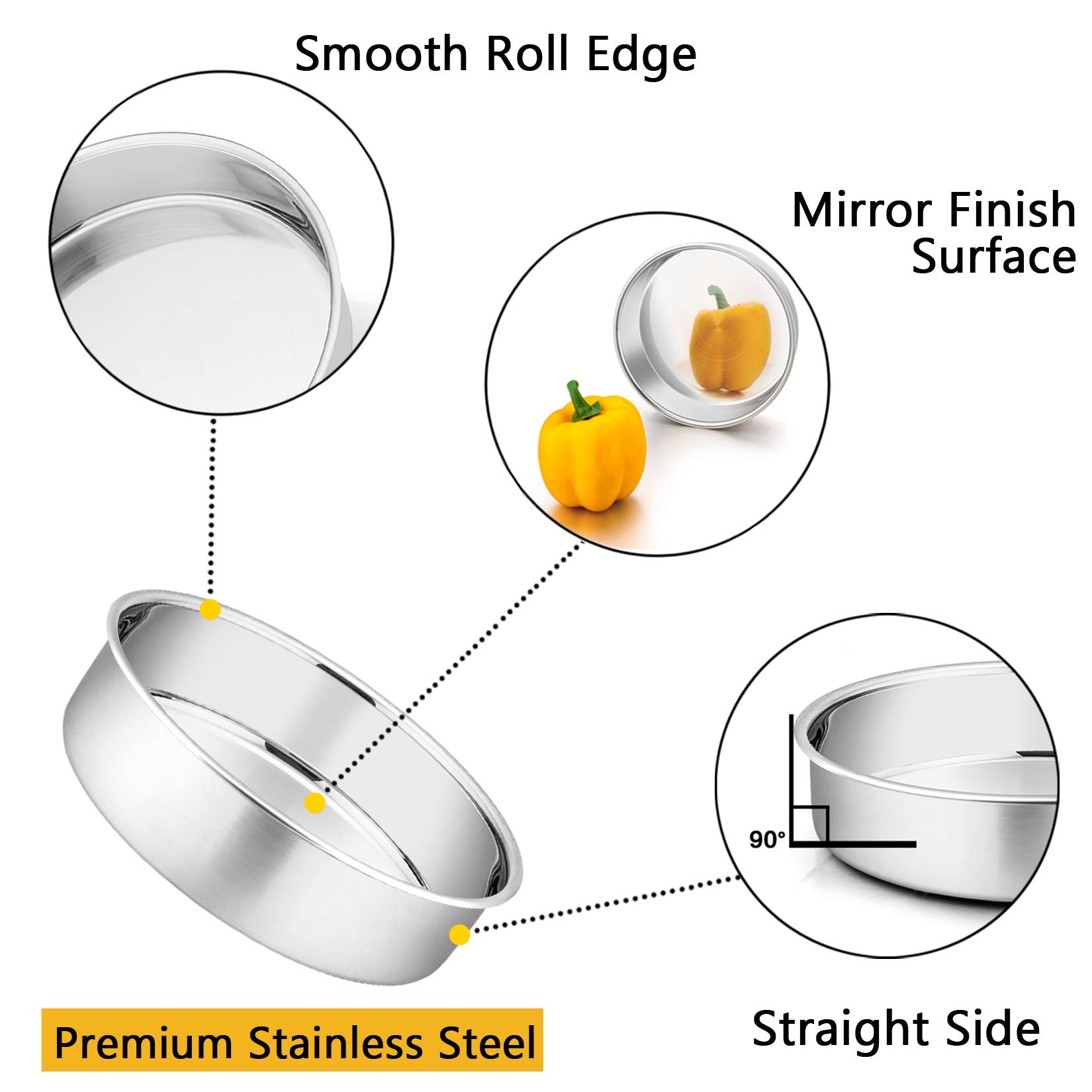 P&P Chef 6 Inch Cake Pan Set Of 2, Stainless Steel Round Baking Layer Pans, Non Toxic & Healthy, Leakproof & Easy Clean, Mirror