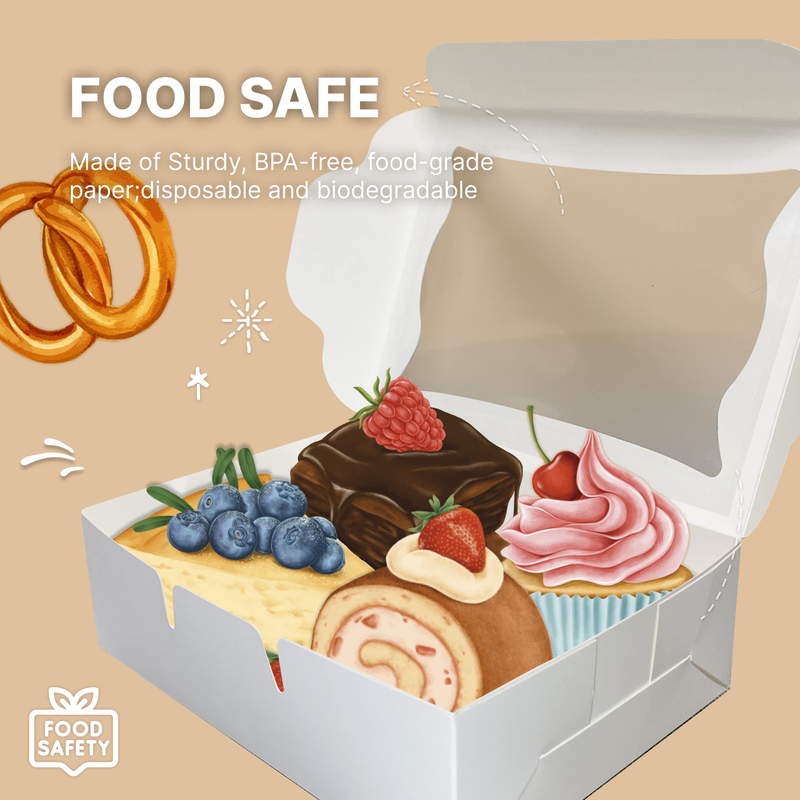 White Paper Bakery Boxes - 50-Pack Pastry Boxes With Window For Cookies, Chocolate Covered Strawberries, Macarons, And Muffins,