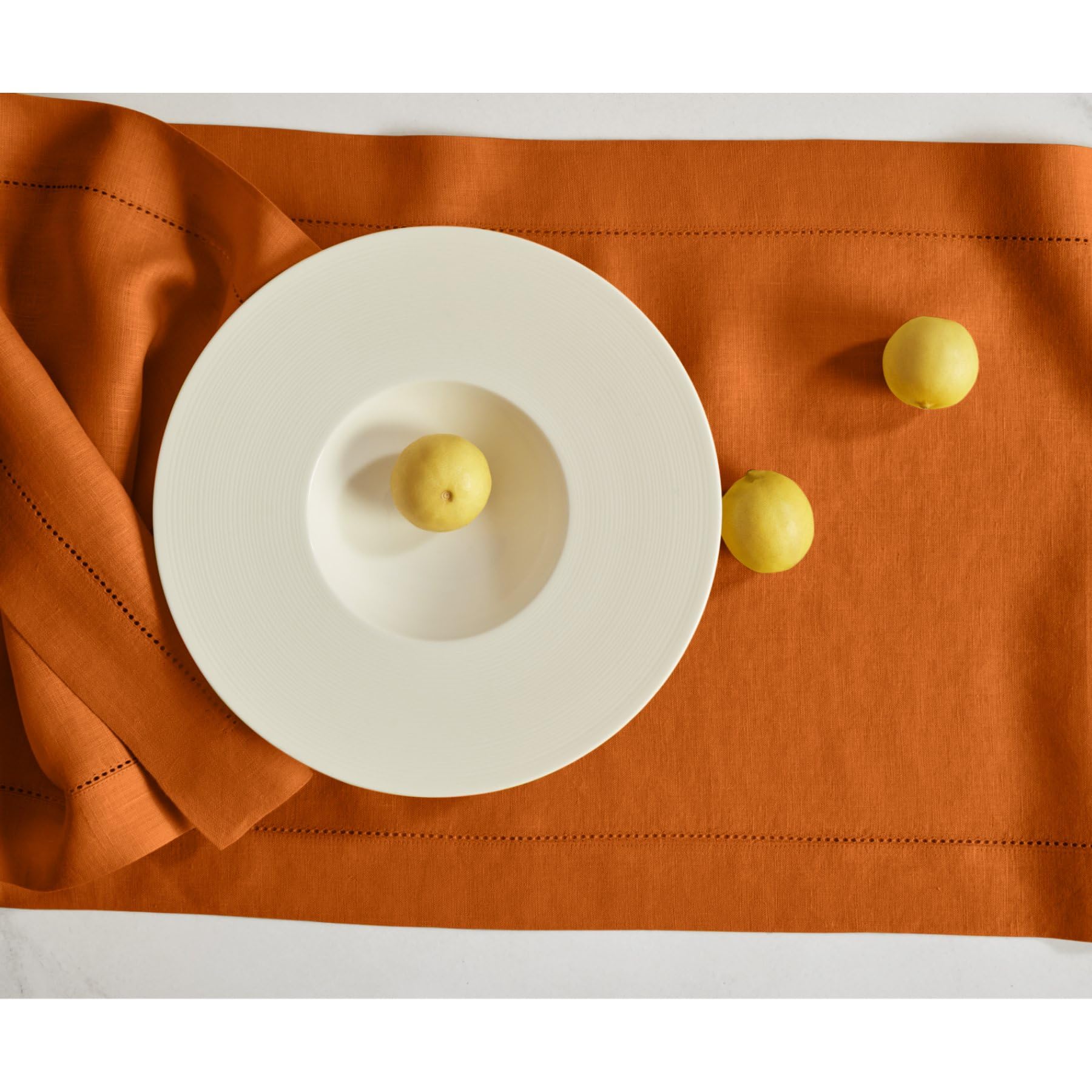 Solino Home Linen Pumpkin Table Runner 60 Inch - 100% Pure Linen Hemstitch Short Table Runner 14 X 60 Inch Ideal For Dresser And